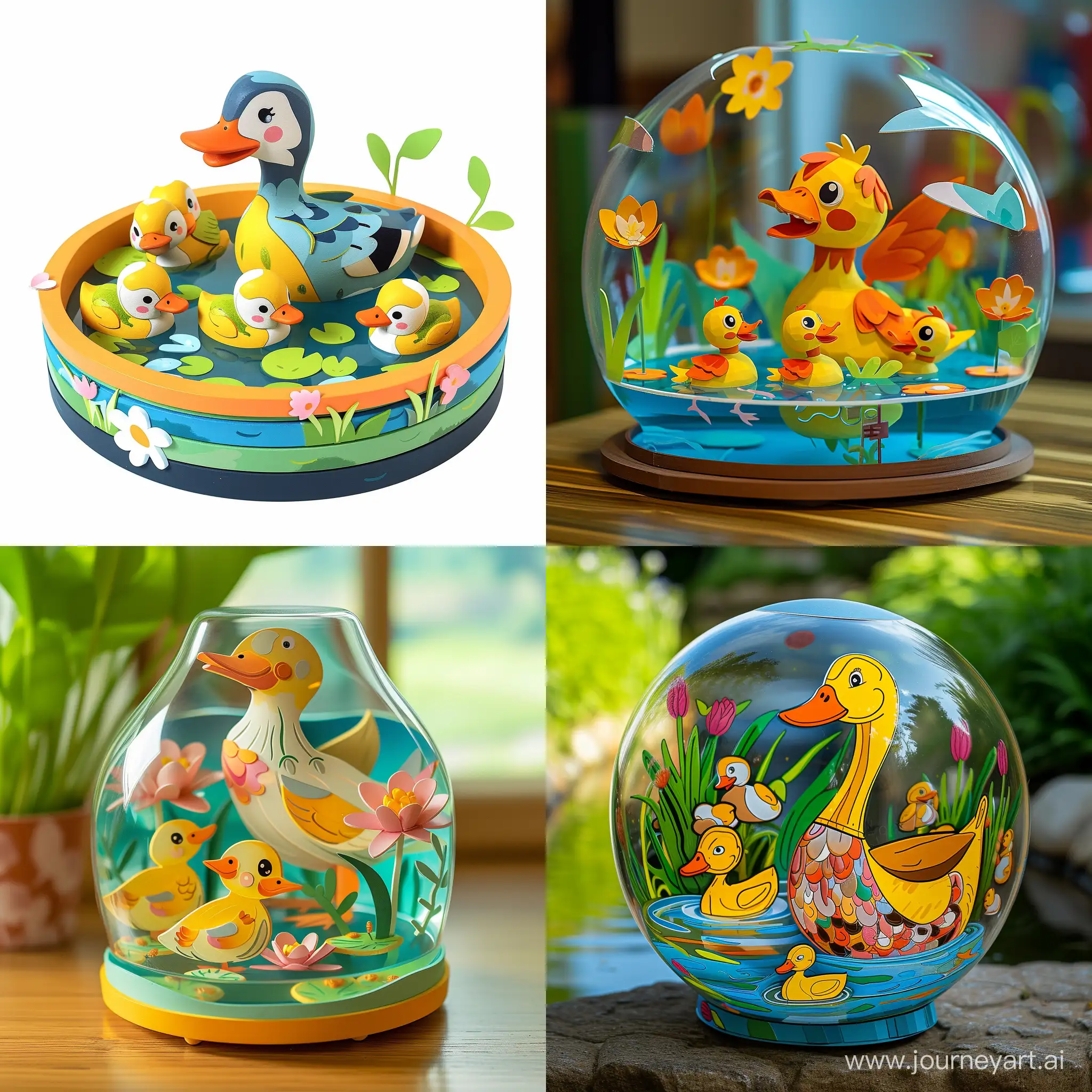 A four-dimensional image with cartoon features suitable for children of a water pond inside which there is a mother duck with her children in bright colors.