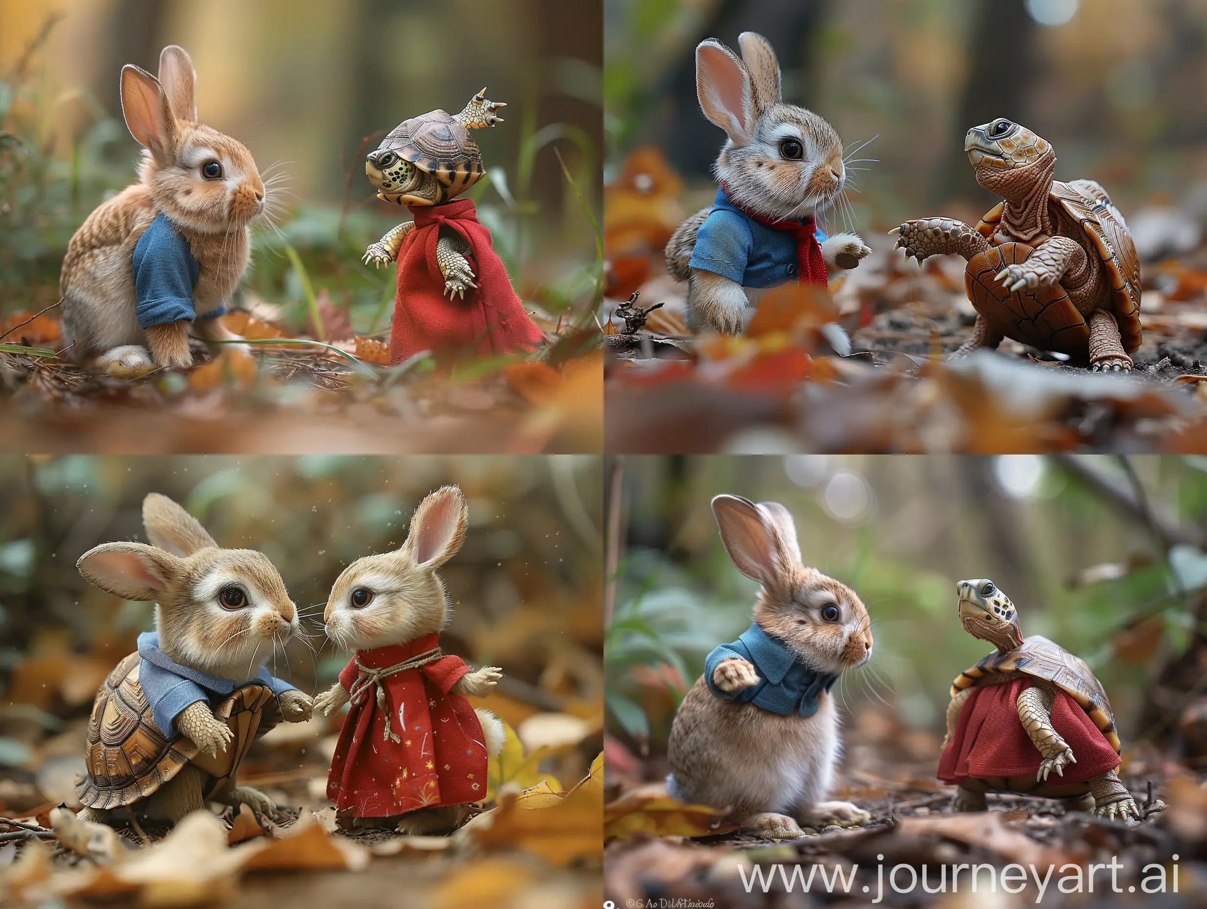 A rabbit wearing a blue shirt  in the forest met turtle named Terra wearing a red dress --stylize 750 --v 6