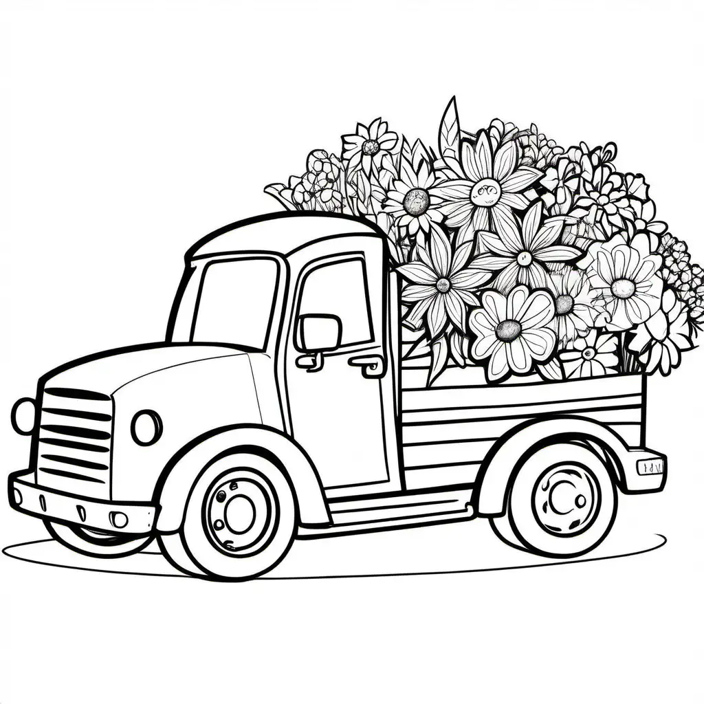 a sweet floral truck carring a variety of colorful flowers, Coloring Page, black and white, line art, white background, Simplicity, Ample White Space. The background of the coloring page is plain white to make it easy for young children to color within the lines. The outlines of all the subjects are easy to distinguish, making it simple for kids to color without too much difficulty