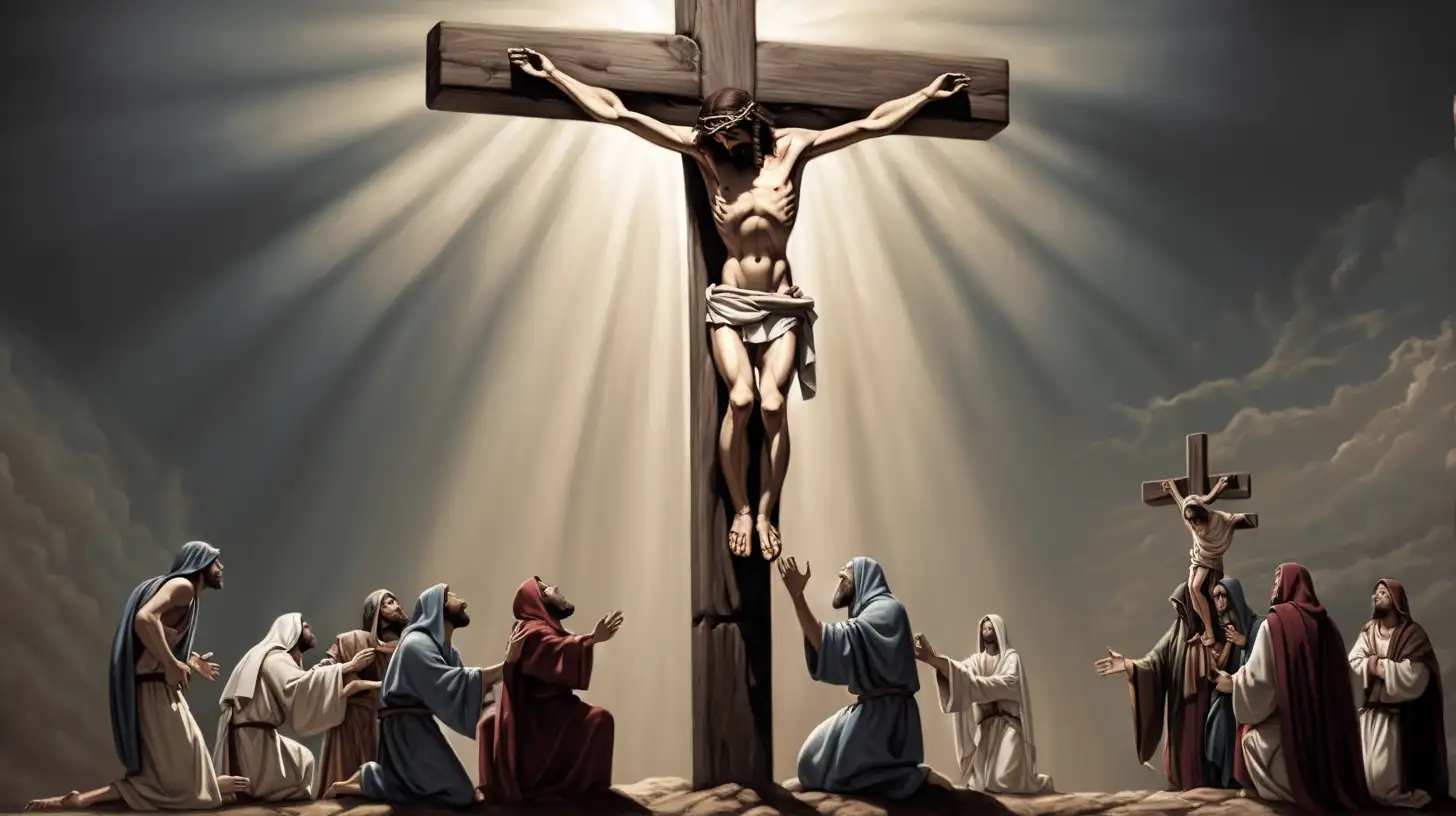 Profound Depiction of Jesus Crucifixion with Divine Light and Serene Atmosphere
