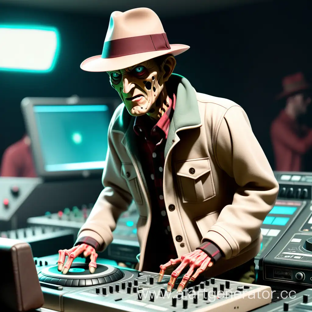 Hipster-Freddy-Krueger-Spins-Tunes-in-Stylish-Panama-Hat-and-Stone-Island-Jacket