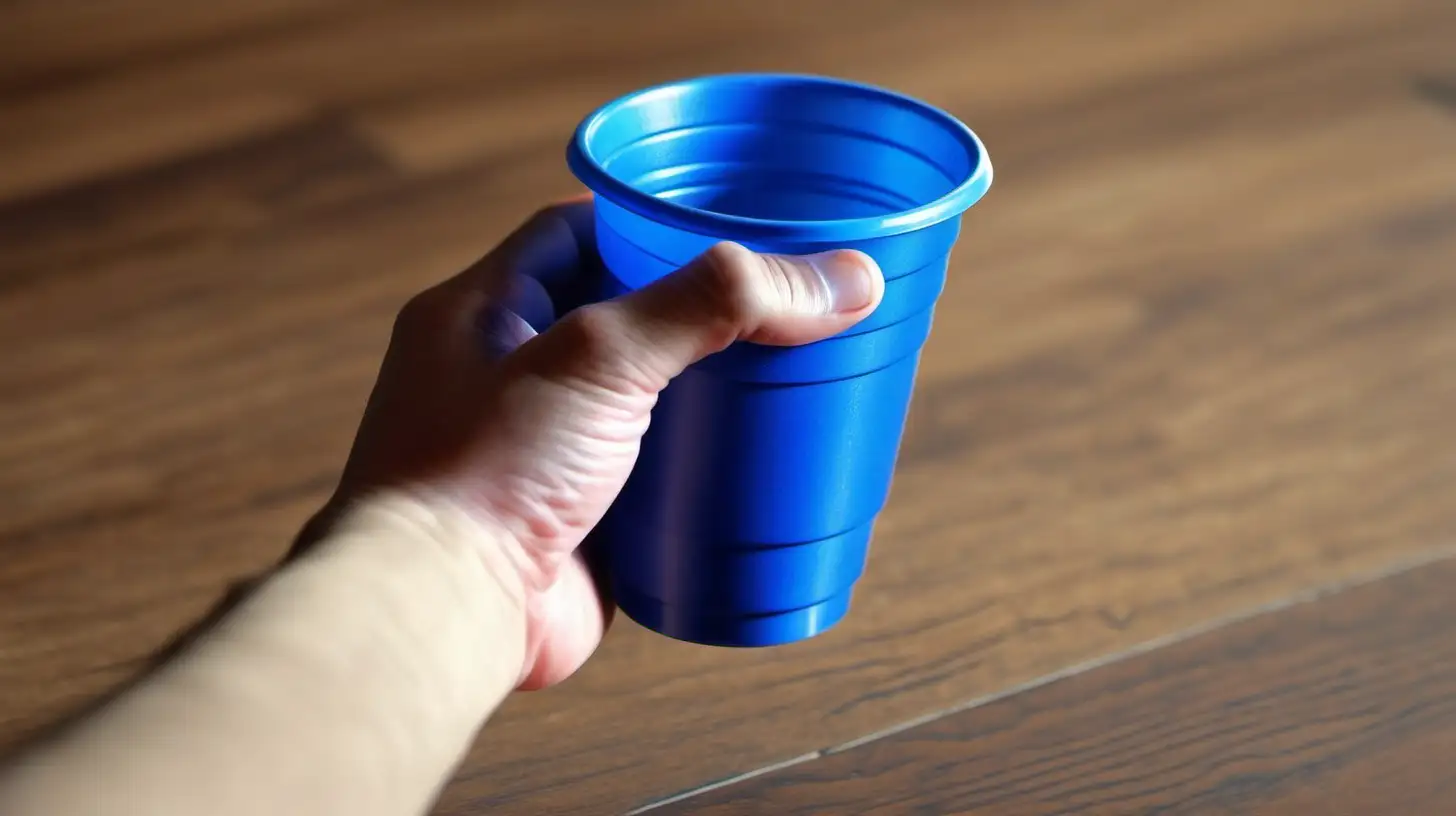 hand holding blue plastic cup on wood floor. make the image lighter and clearer
