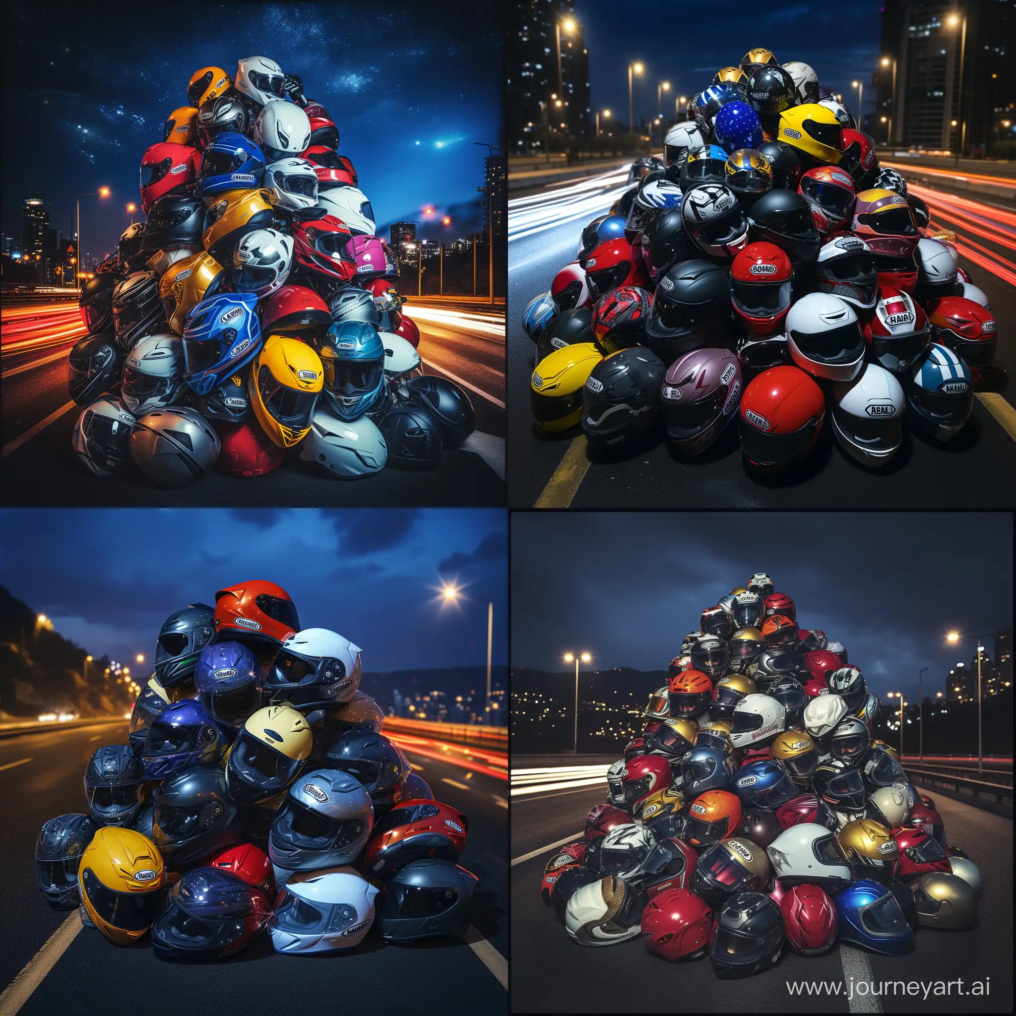 Colorful-Motorcycle-Helmets-Piled-High-on-City-Road-at-Night