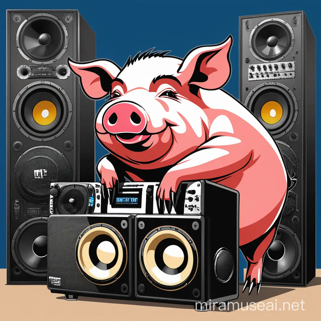 baile funk pig next to a big sound system
