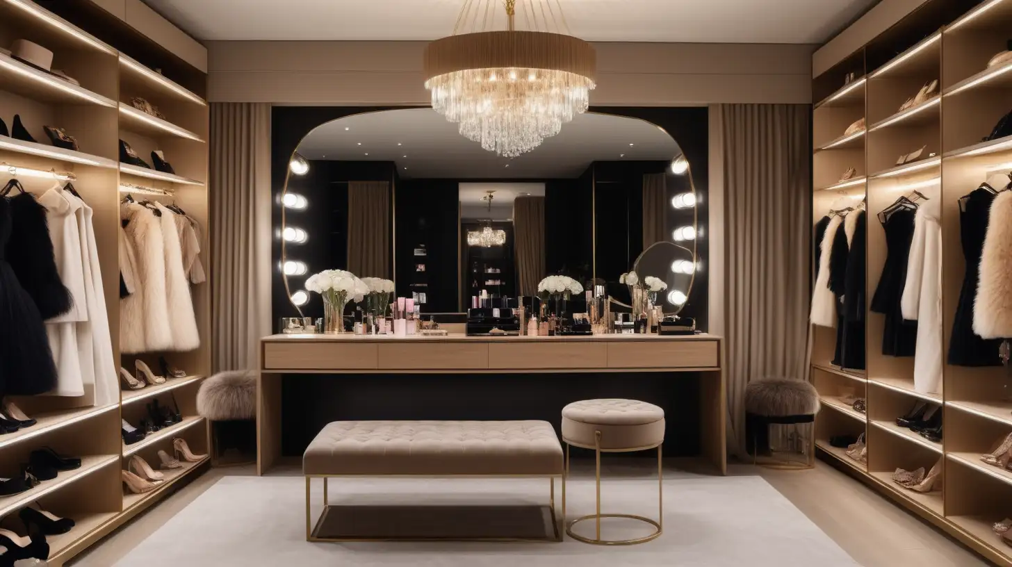 Modern Parisian Dressing room with vanity table with lights and big mirror; floor to ceiling window with curtains; hanging gowns; shelves of designer shoes; shelves of designer bags and hats; elegant beauty products and perfumes on vanity; modern chandelier; large room; beige, light oak, brass, black colour palette; at night with mood lighting;