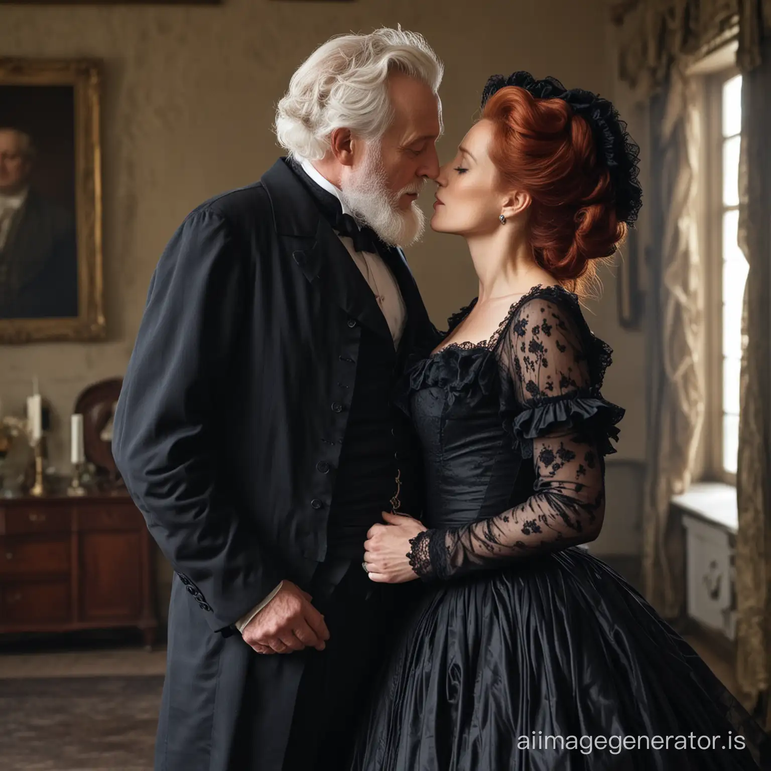 red hair Gillian Anderson wearing a poofy black floor-length loose billowing 1860 victorian crinoline dress with  a frilly bonnet kissing an old man who seems to be her newlywed husband
