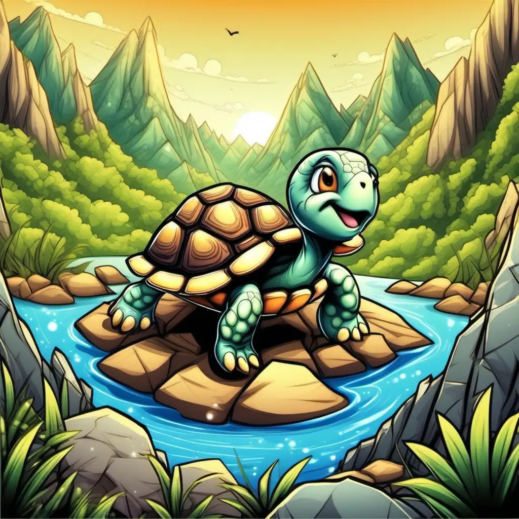 baby turtle in a mountain, fantastic cartoon style, ultra detailed