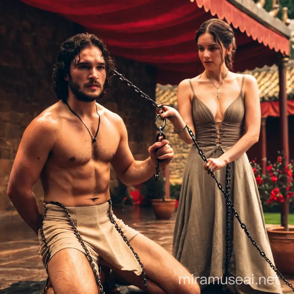 Palace Garden. Young maiden with her slave Jon Snow. Young maiden, whip in her right hand, holding chain in her left hand. Slave Jon Snow, kneeling, shirtless, rag underwear, beard, chest hair, red bruises on his body, bound with chains.