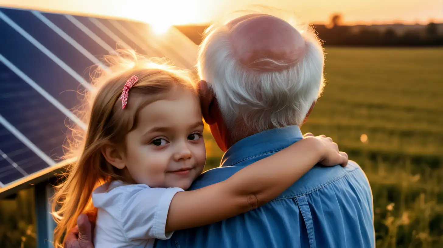 Mum, child with grandfather, close up with arms around each other, back view, angled, looking at solar panels in field, sun setting but image bright, close up, obvious appreciation of environment

