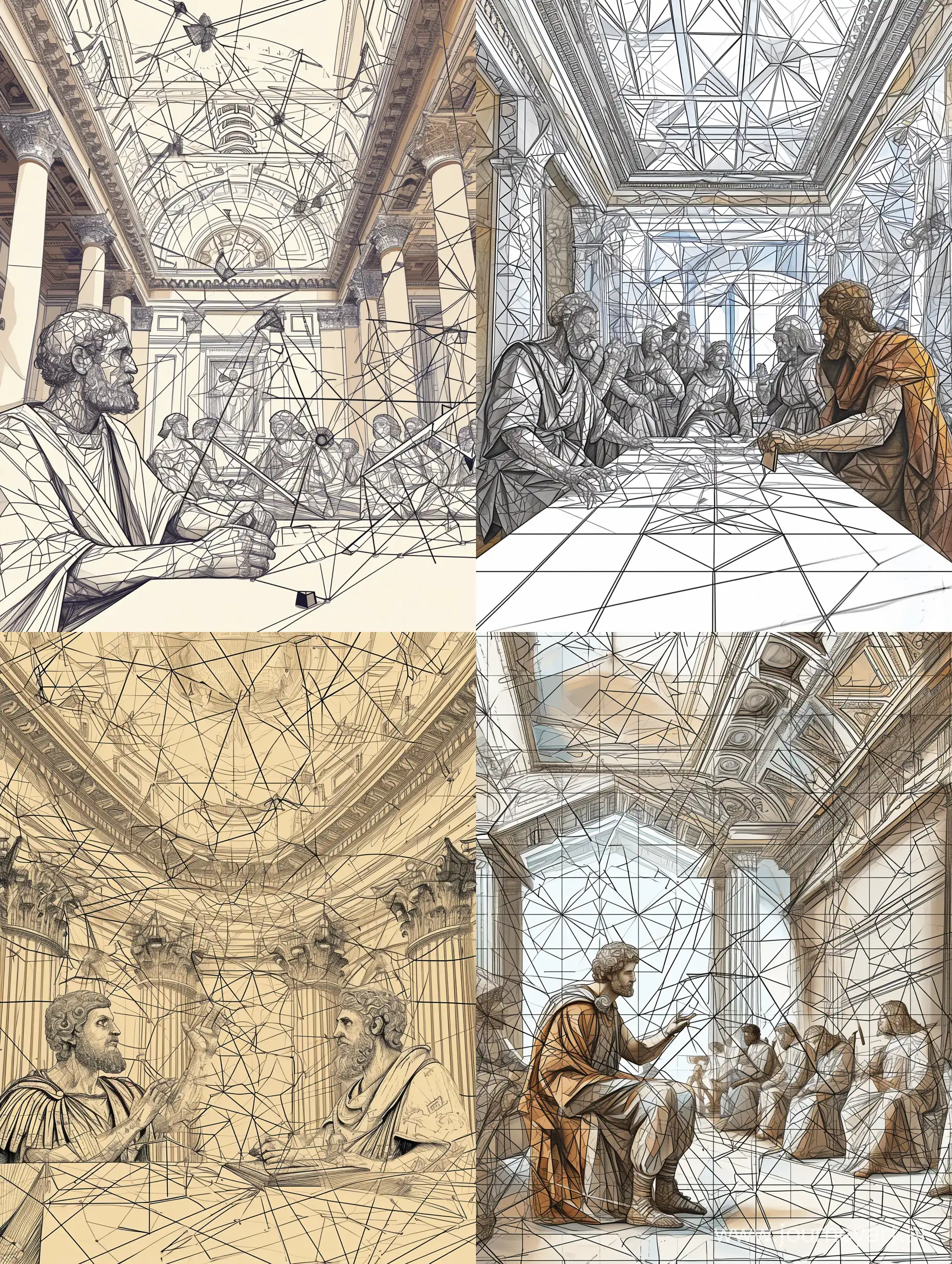 Generate a visually striking scene, depicting Euclid instructing peers in Euclidean Geometry within a Baroque building. Employ thin black lines in the Da Vinci style . Euclid should be rendered adopting a Greek style as he examines geometric figures. Populate the background and ceiling with diverse geometric elements such as triangles, squares, theorems, circles.
