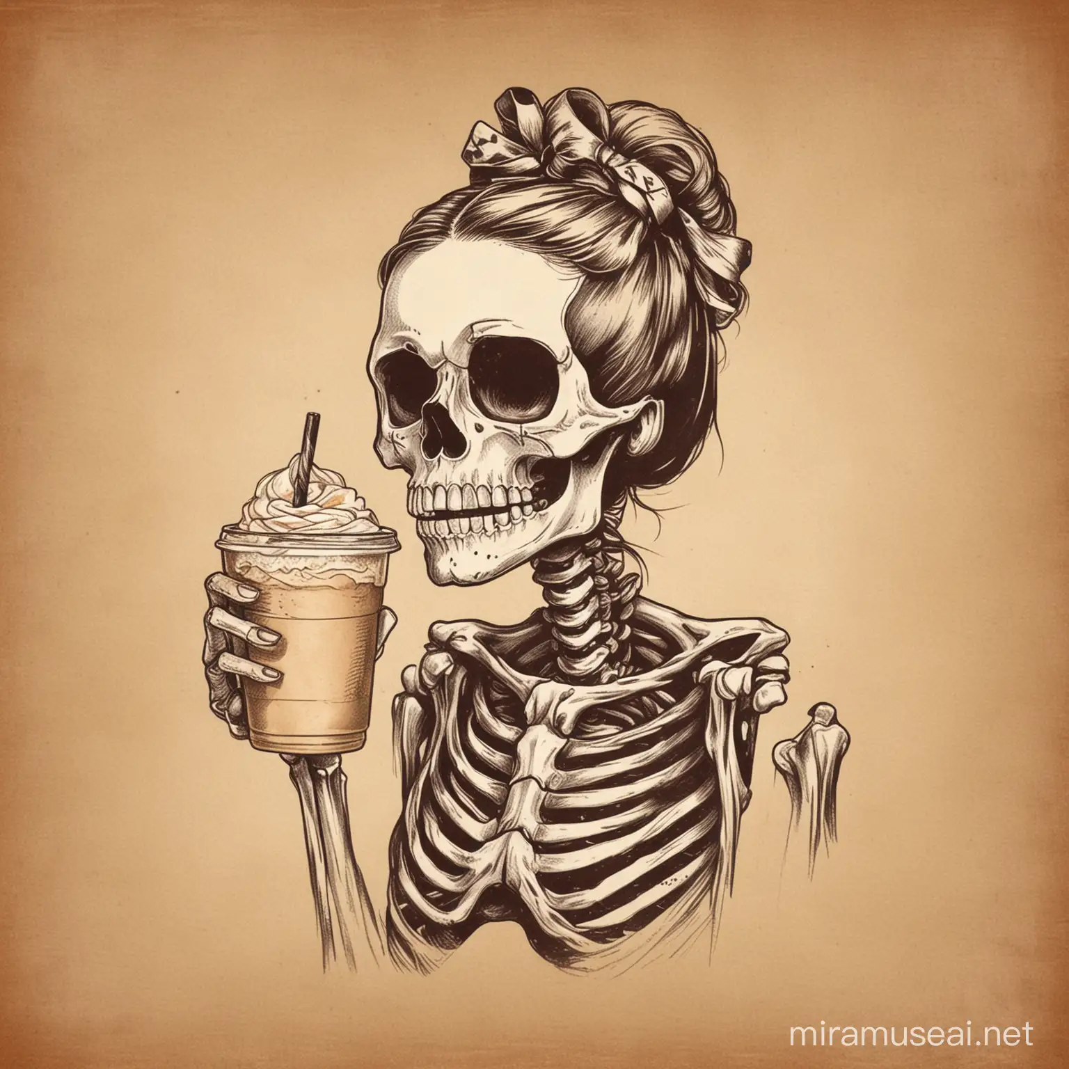 Vintage poster design, stencils, simple, minimalism, vector art, Sketch drawing, flat, 2d, a skeleton with hair in a bun on his head, head Hollywood style bow bandana,drawing drawing of skeleton with four fingers and thumb drinking large iced coffee raised to mouth sucking into straw, tatto design, Vector illustrations