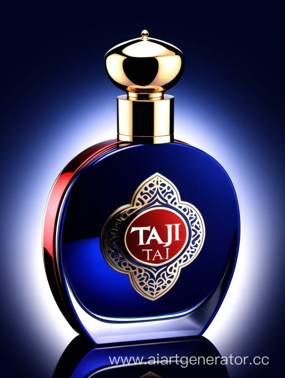 A luxurious Dark Blue Red and white double layers perfume with a elegant zamac cop ((taj text logo))