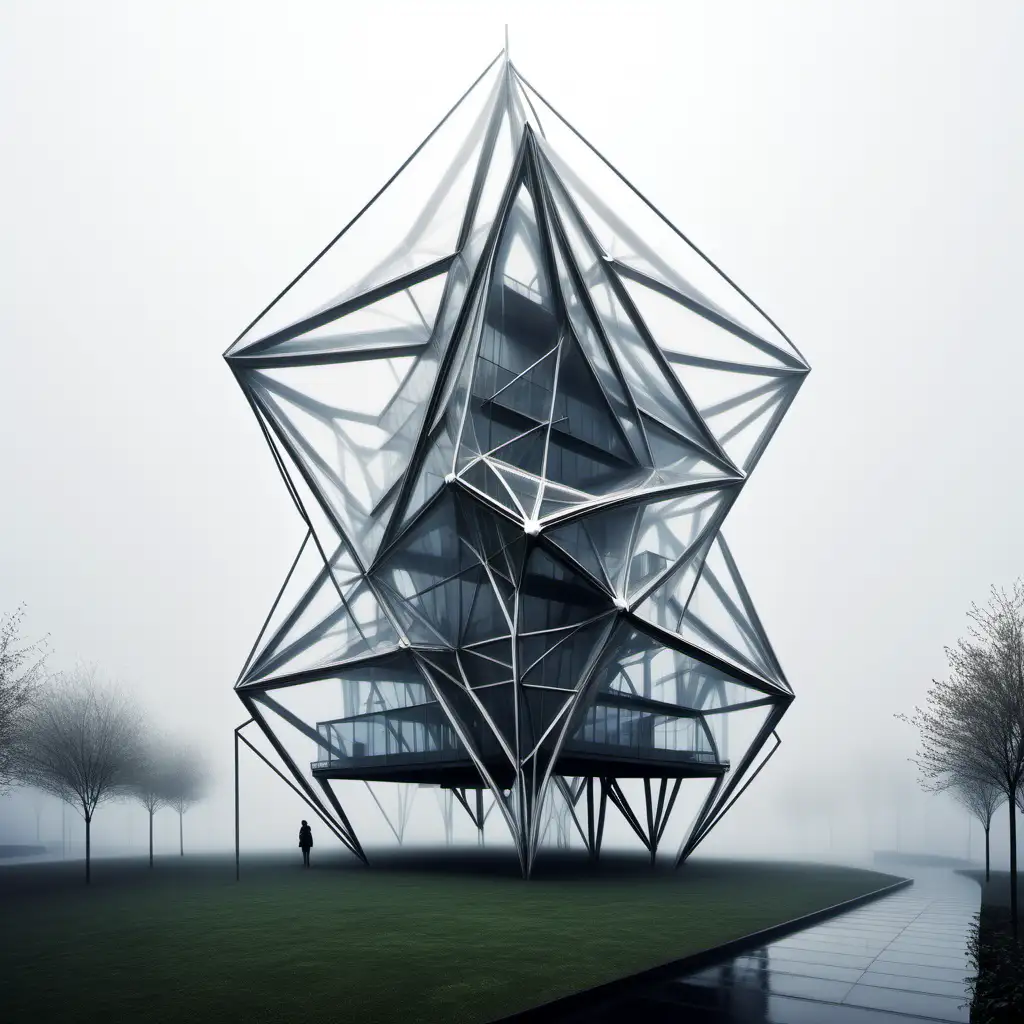 Zaha Hadid Inspired Tensegrity TwoStory Building in Transparent Rainy Ambiance