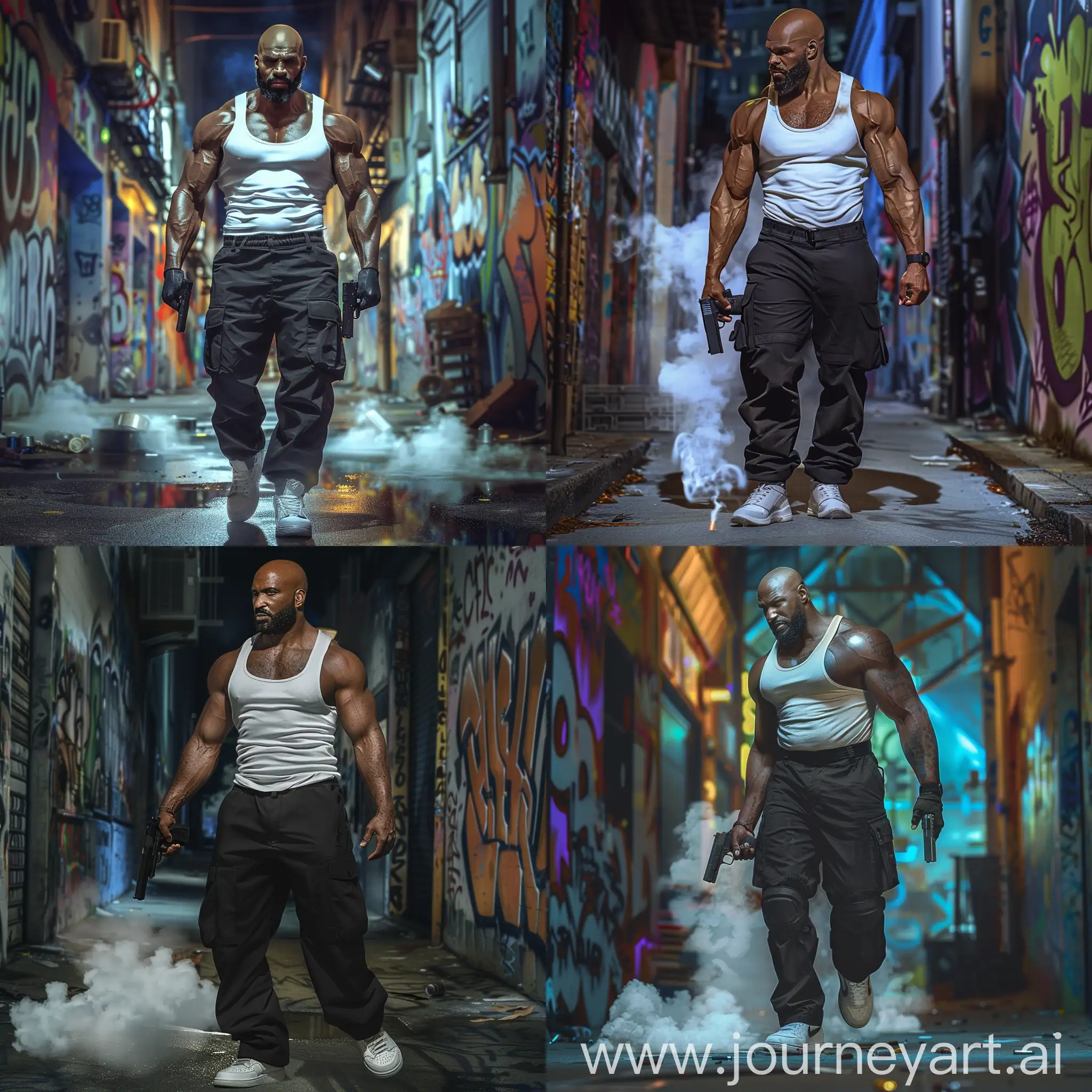 a 4k hdr photo realistic digital  art image of a 6 foot 6 
Tall caramel  brown skinned African-American man with a bald head,full beard . he is wearing black fitted cargo pants,  he has a slimmer body  with a sadistic look on his face ,clean 
white tank top and white and black Jordan 6s. , walking through a graffiti-painted alley at night in a playful mood gun in hand with smoke coming from the pavement