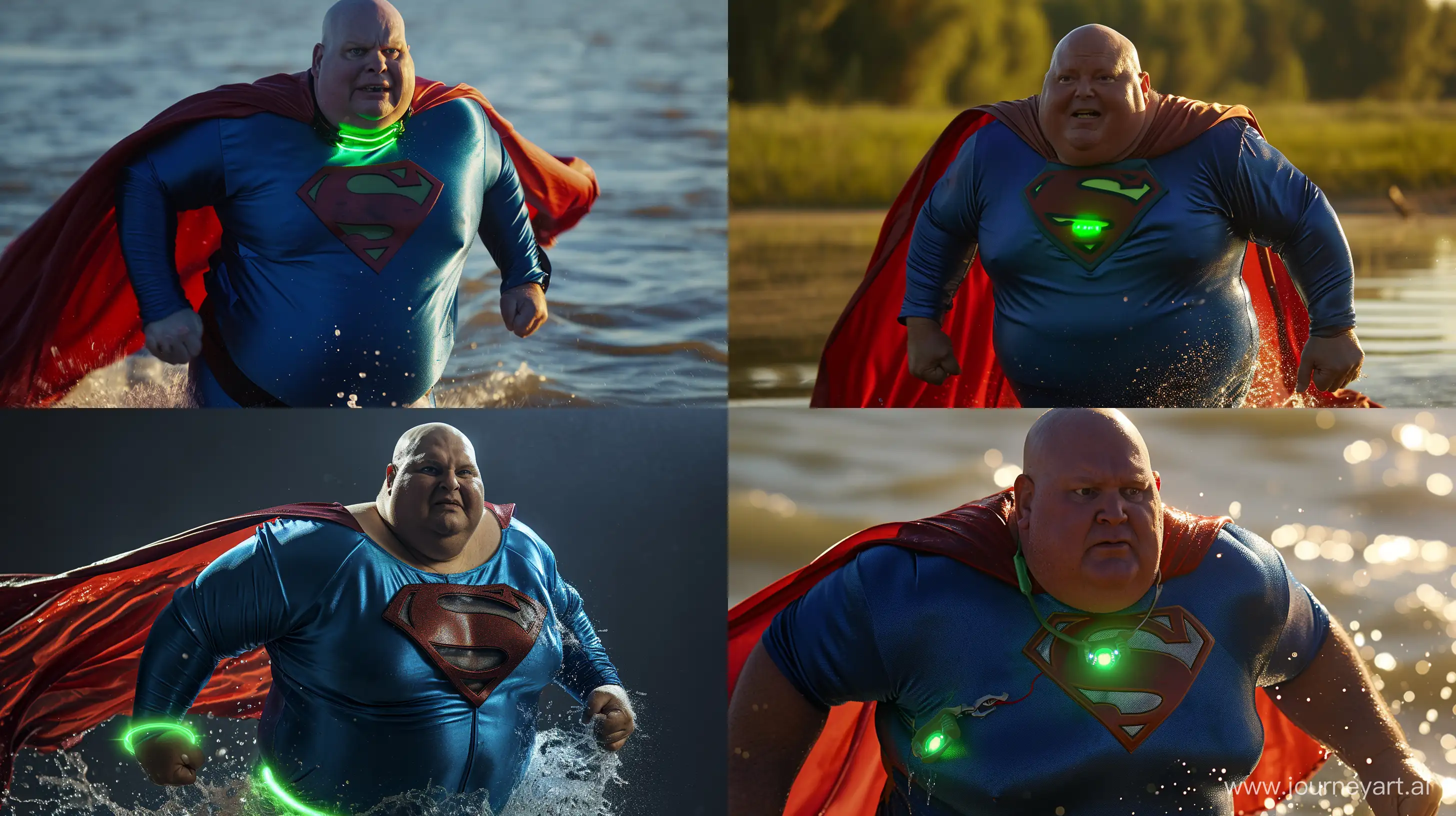 A closeup photo of a chubby man aged 60 wearing a tight blue silky superman costume with a large red cape running in the water. Green glowing small short dog collar. Natural Light. Bald. Clean Shaven. --style raw --ar 16:9 --v 6
