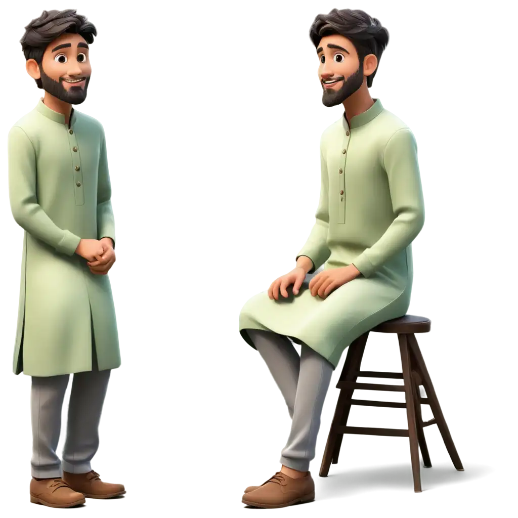 A cartoon wearing shalwar kameez, must be in three positions, sitting, standing and styling himself. 