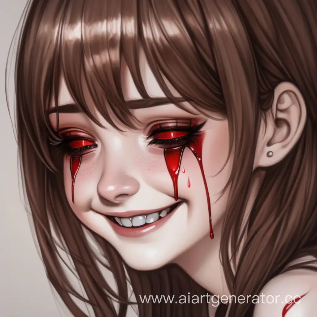 взрослая девушка с коричневыми волосами и макияжем нервно улыбается и плачет красными слезами
