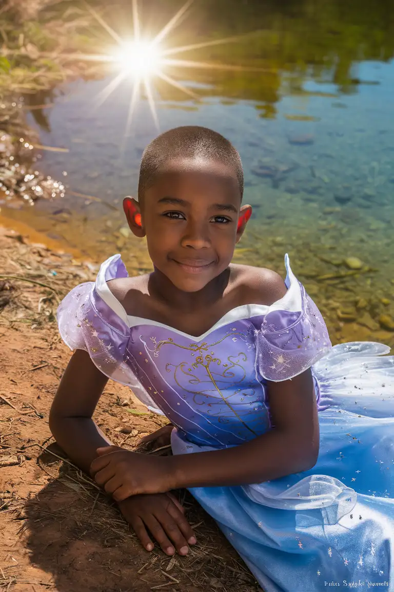 ((Gender role-reversal)), professional photography, Photograph, a little 7-year-old African boy with short hair, he is resting in a Sleeping Beauty Disney Princess dress on the bank of a Sahara pond, bright sunshine, adorable, perfect faces, perfect faces, clear faces, perfect eyes, perfect noses, smooth skin
