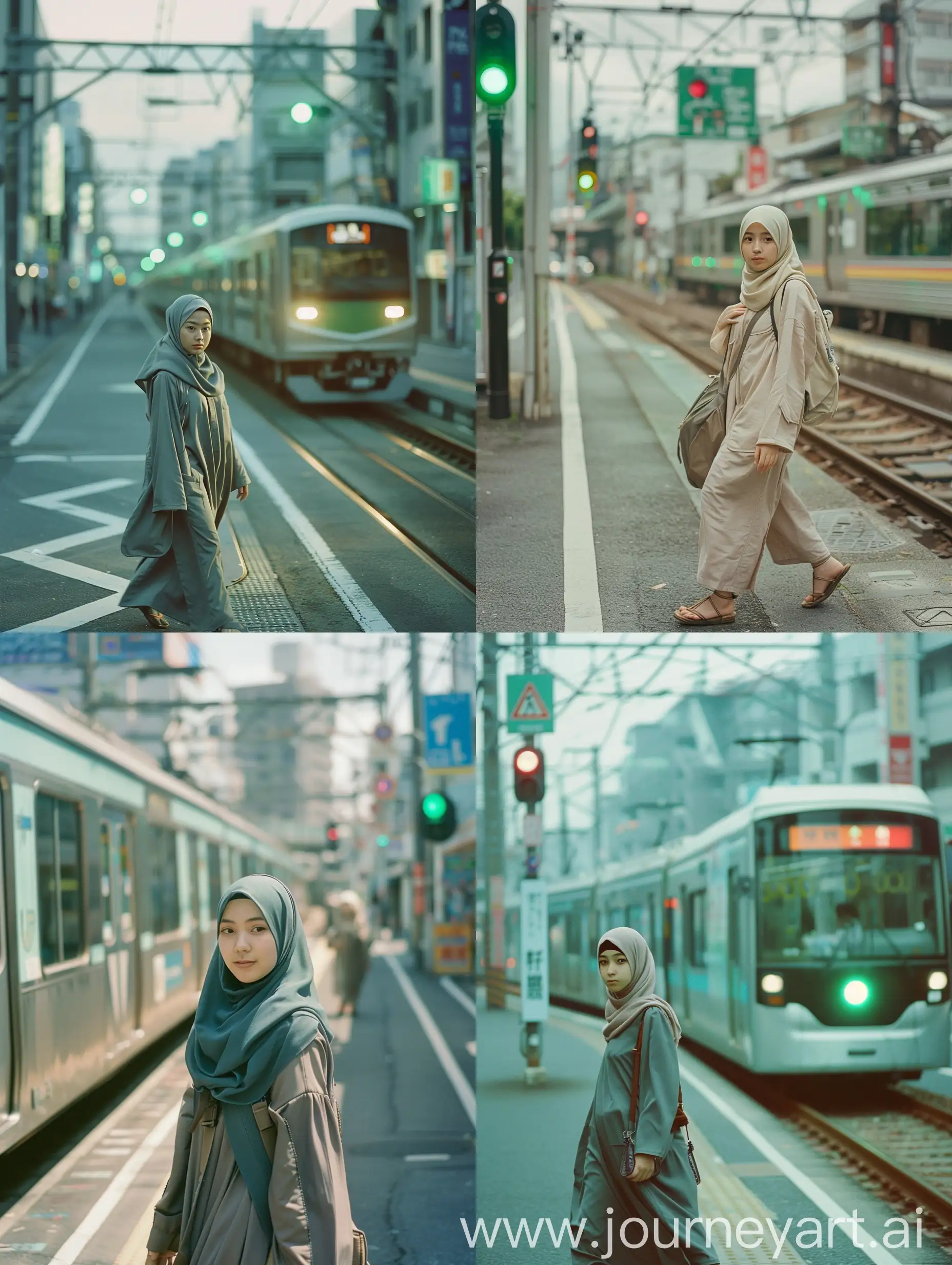 Full body, an Asian Muslim woman in hijab walking across the street near the train, a lonely girl waiting for the train, green light, hyper realistic film photography, fujicolor photo, color film street photography, portra 800 street photography,background should be clear and travel aesthetic details Japan, color analog photography, friendly face looking at the camera