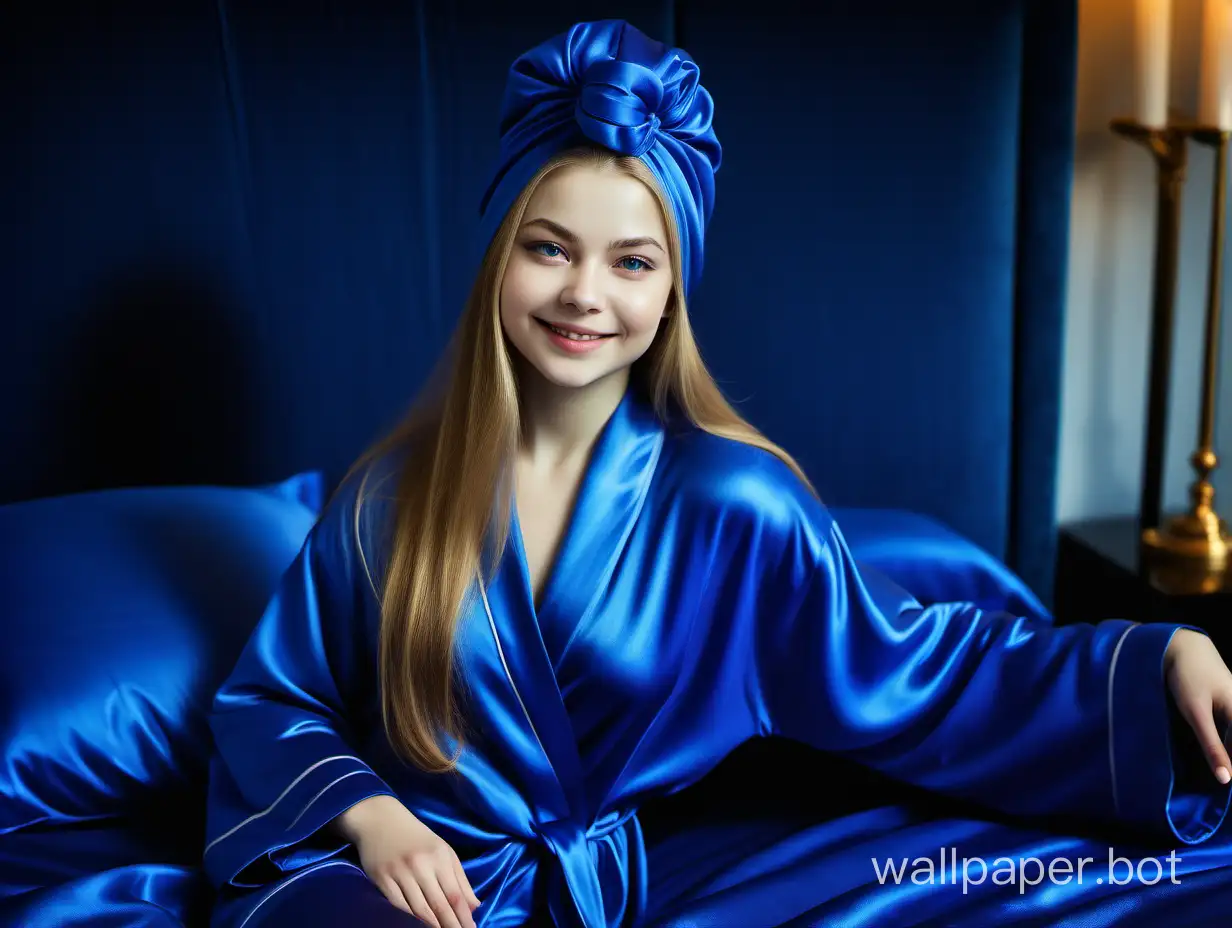 Gentle, Sexy, Young Yulia Lipnitskaya with long straight silky hair relaxing on luxurious silk royal blue bedding and beautifully smiling in Luxurious royal blue Silk Robe and royal blue silk Towel Turban