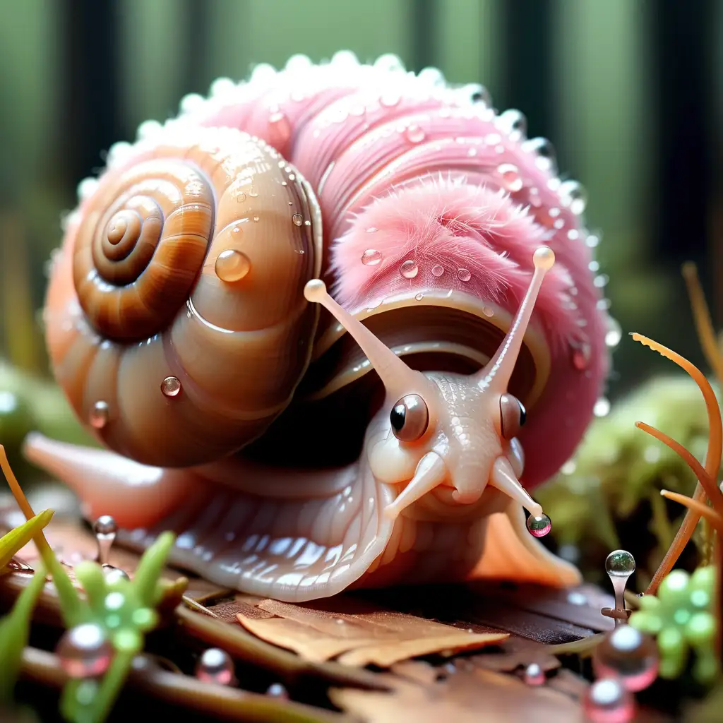 Enchanting Snail with Long Pink Fur and Dew Drops in the Woods