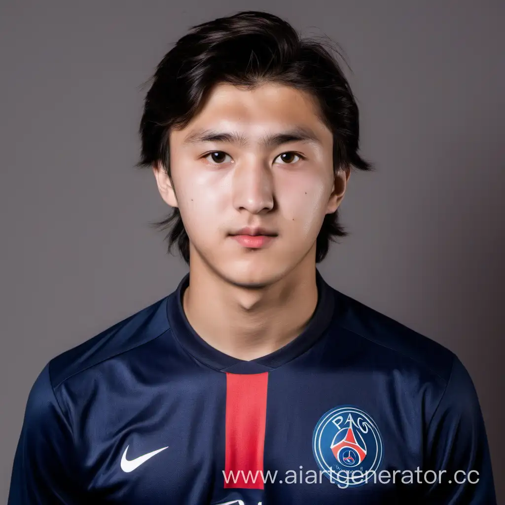 Молодой футболист 20 лет, в футболке клуба ПСЖ, темные волосы, казахской внешности