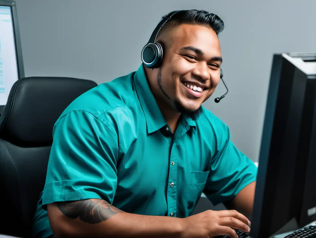 Smiling Samoan Contact Center Professional in Teal Shirt