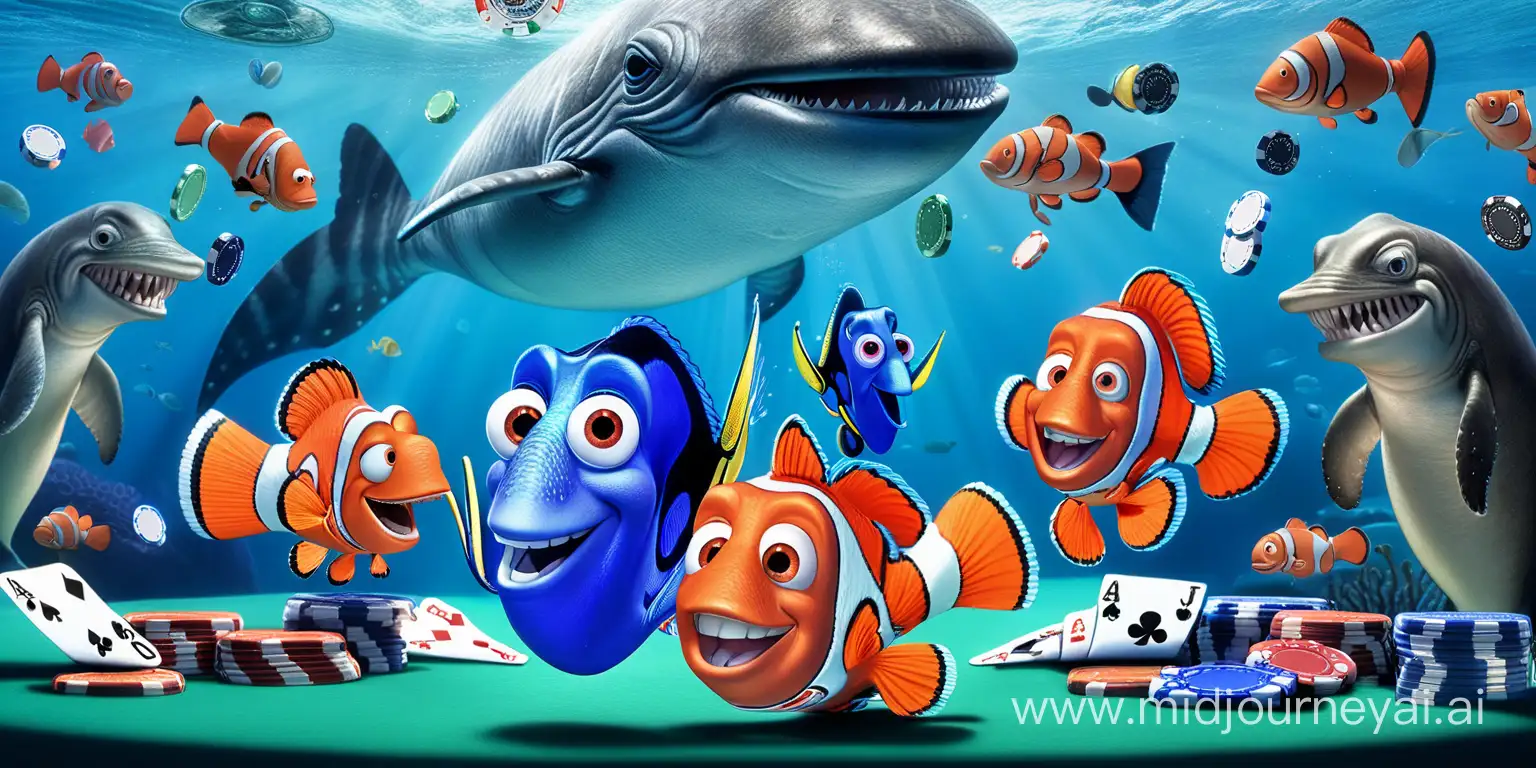 5 different fish playing poker against each other, one being nemo from finding nemo with a whale sitting the middle with a mountain of poker chips in front of him laughing at all of the other fish