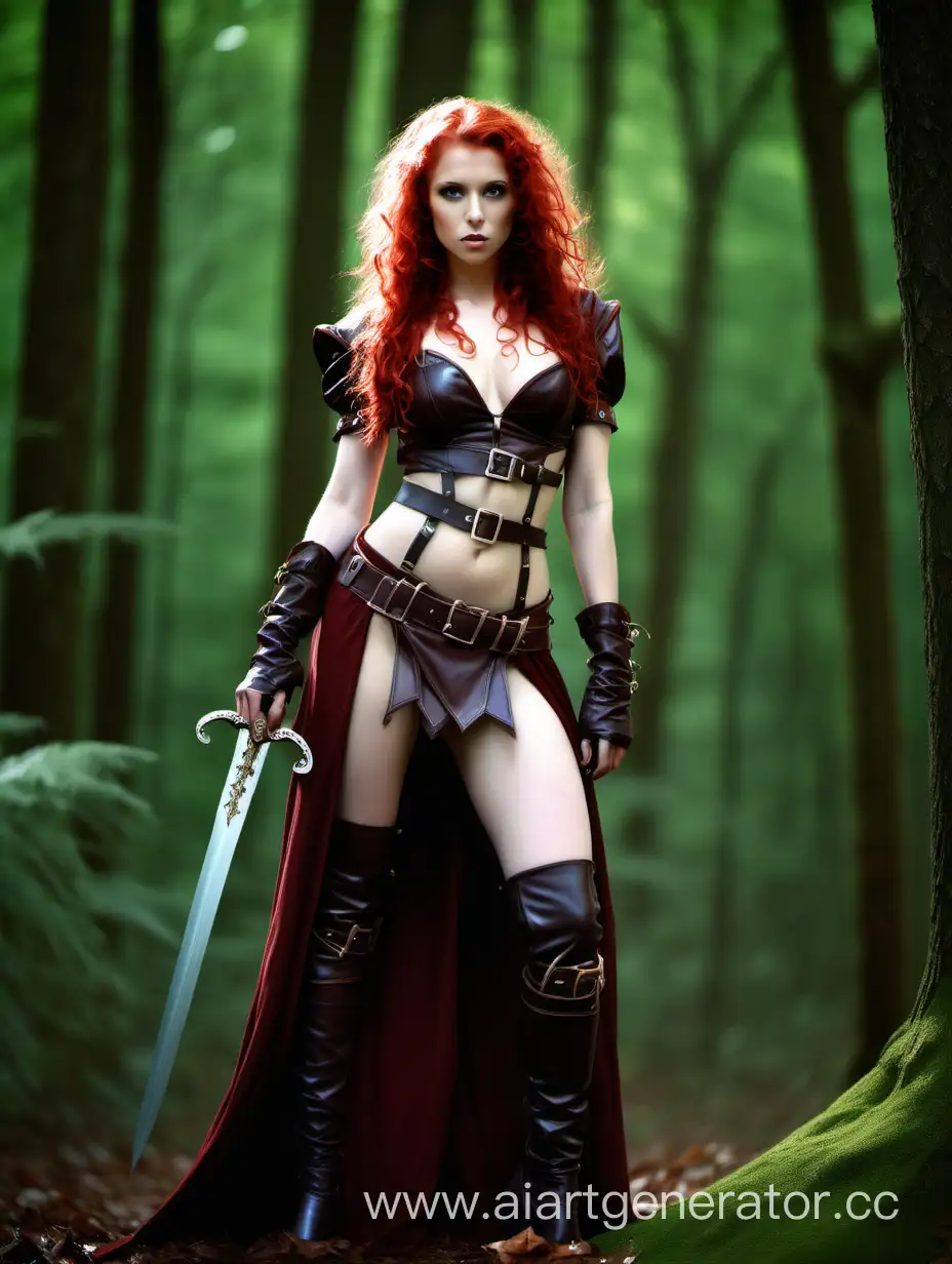 scantily clad female elf, leather clothing, sword, forest background, long curly red hair