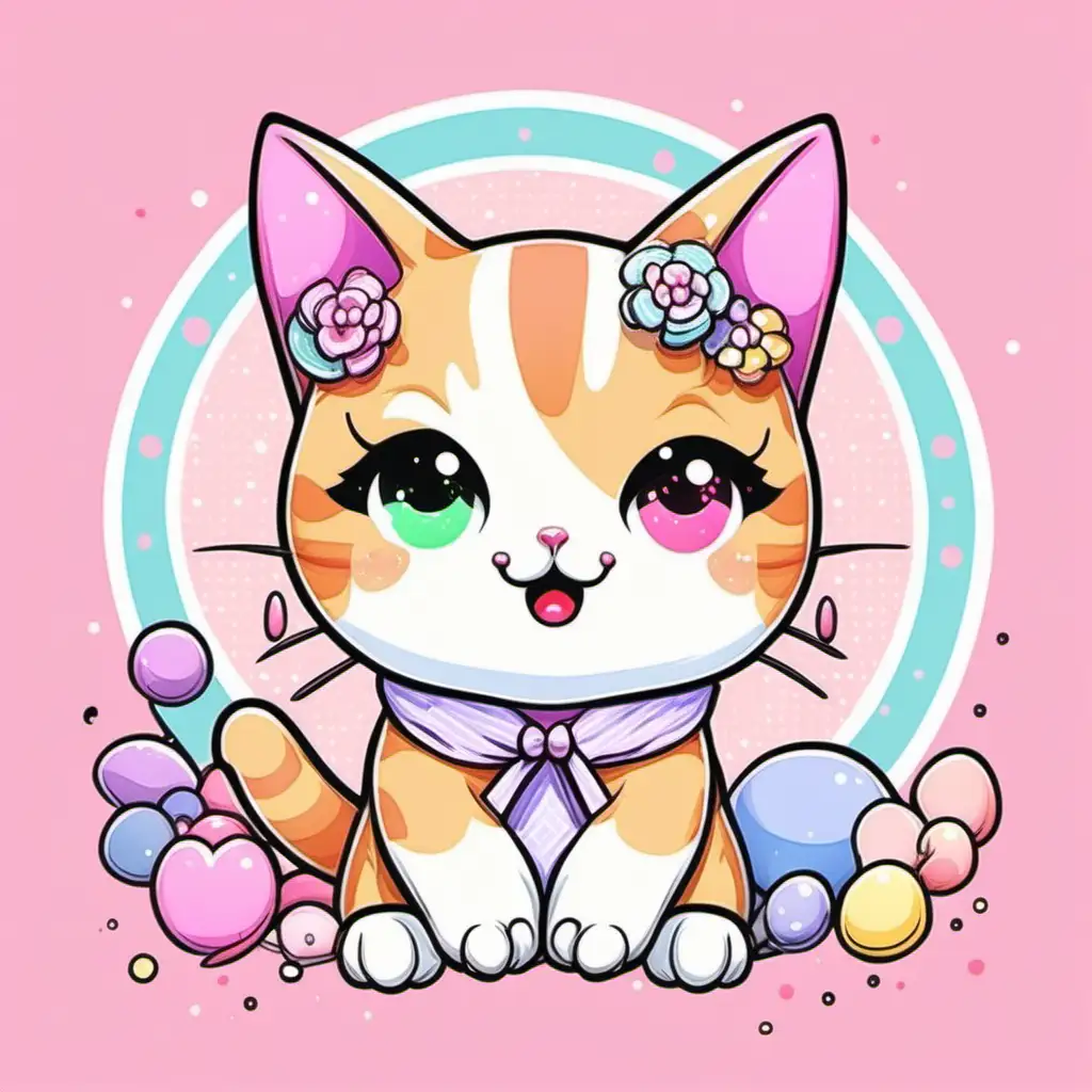 illustration of a cat in the style harajuku or kawaii, bright pastels, cartoon