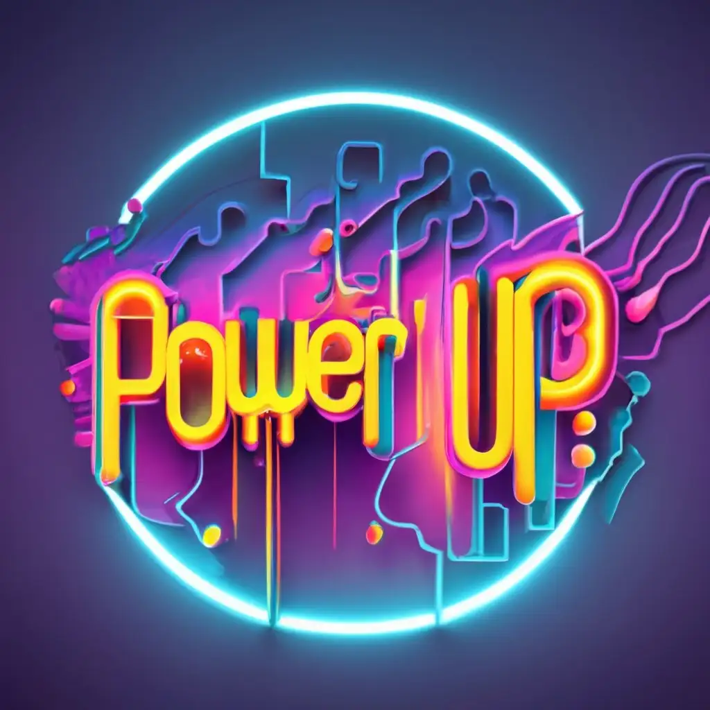 logo, "POWER UP" text with layers of energy emanating off of it, 90's theme, with the text "POWER UP", typography