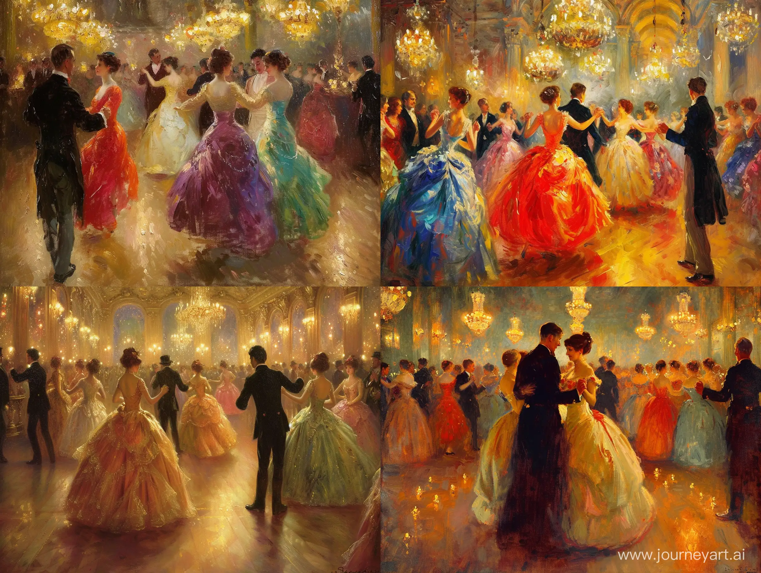 Britishers ladies and gentlemen dancing in ball dresses in ball room ,lit all around , impressionism fantastic masterpiece painting