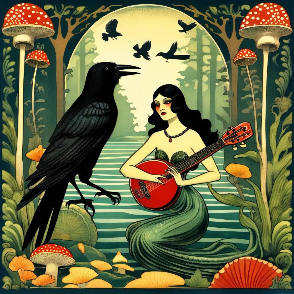 An art deco illustration of a Mexican crow playing a mandolin and a beautiful Swedish mermaid in an amanita forest
