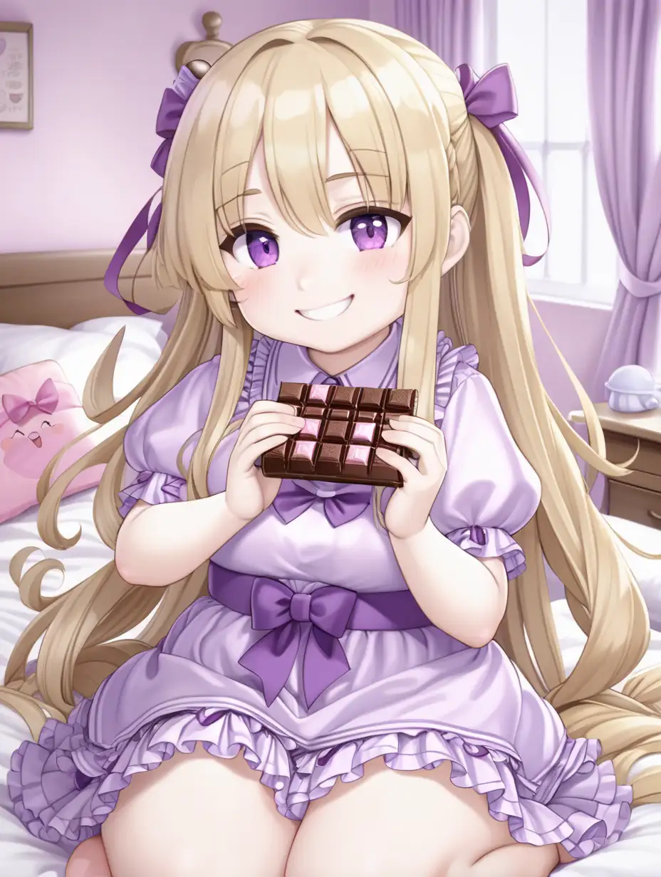 Pale skin, fair skin, obese girl, long hair, frilly dress, blond hair, straight hair, purple clothing, pink ribons, huge ass, tight clothes, anime, chibbi, smile, eating chocolate man, in bedroom
