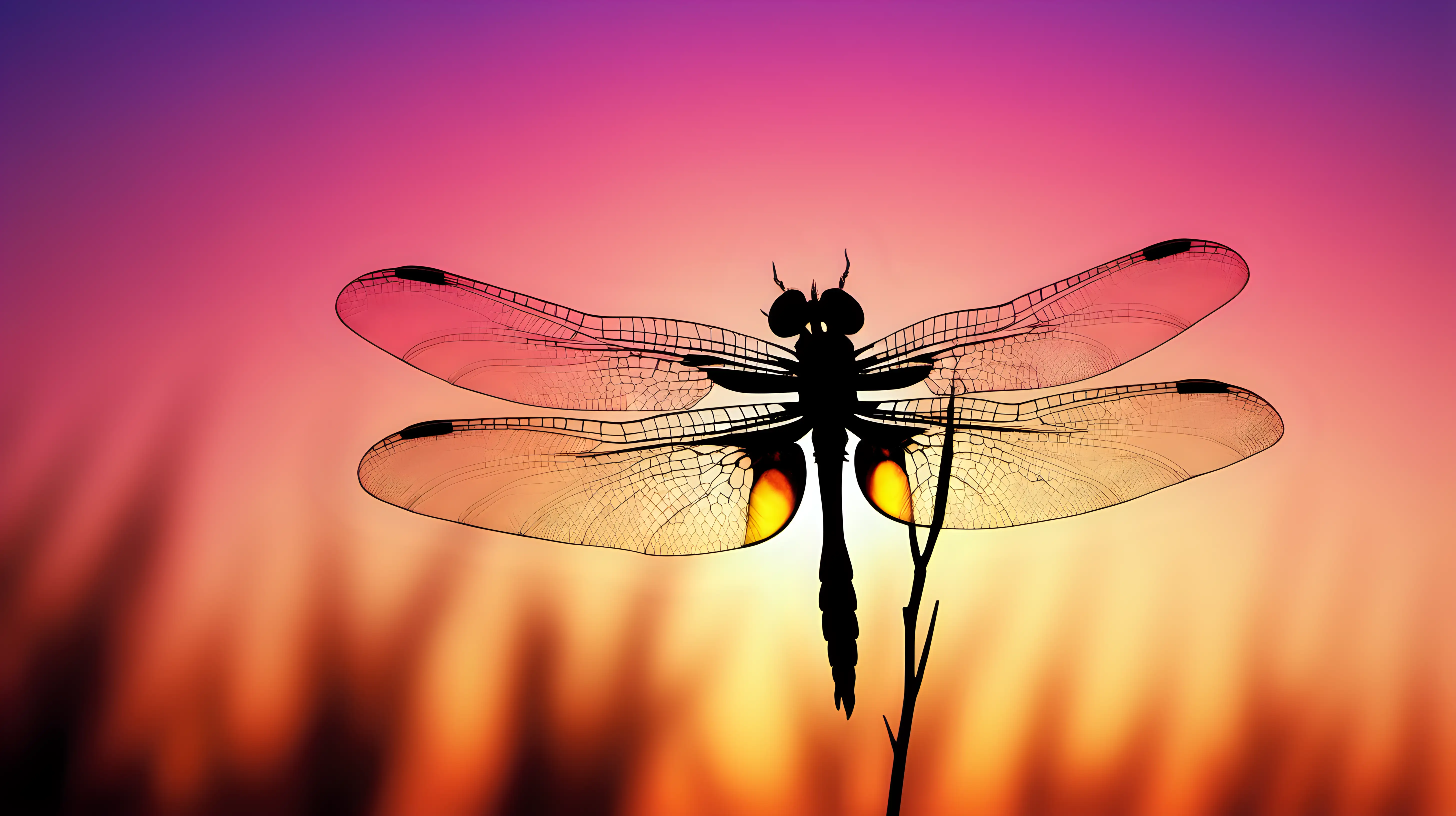 A silhouette of a dragonfly against the backdrop of a colorful sunset, creating a serene and magical atmosphere.
