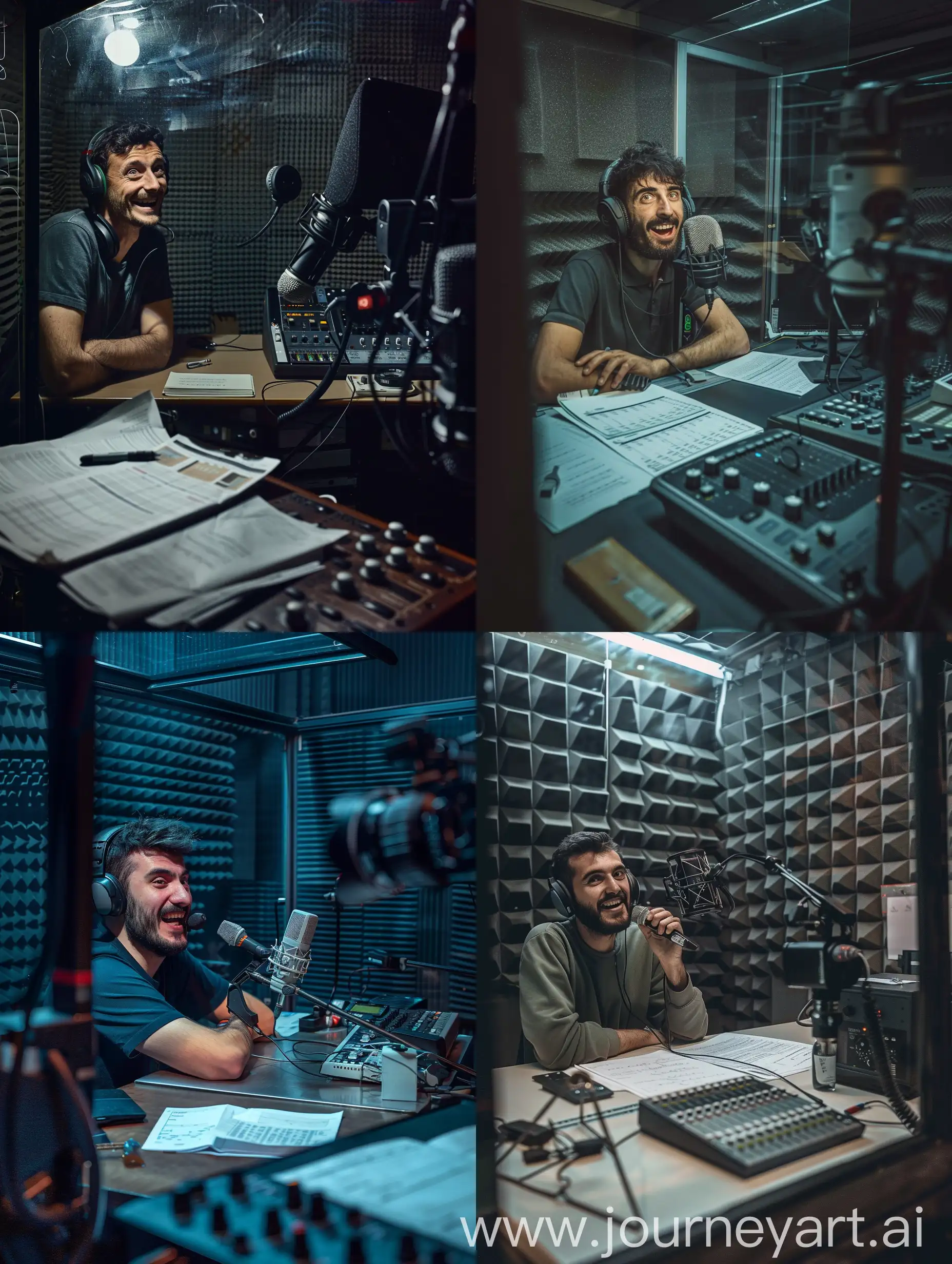 A 26 year old male Italian radio speaker speaks into the microphone, in his small radio broadcast room. The room is very small and empty and the walls are covered in sound-absorbing material. The speaker has an amused face, is wearing a pair of headphones and has his arms resting on the table. Next to him there are some sheets of notes and a small audio mixer. In front of him there is a large glass window that divides the room from the control room. The speaker looks to the side, slightly down, straight at the lens positioned next to him. The photo is in color with a dark atmosphere