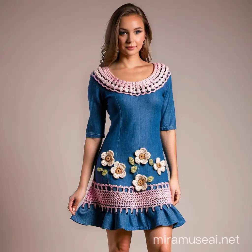 Elegant Denim and Crochet Flower Dress Sophisticated Wool Couture