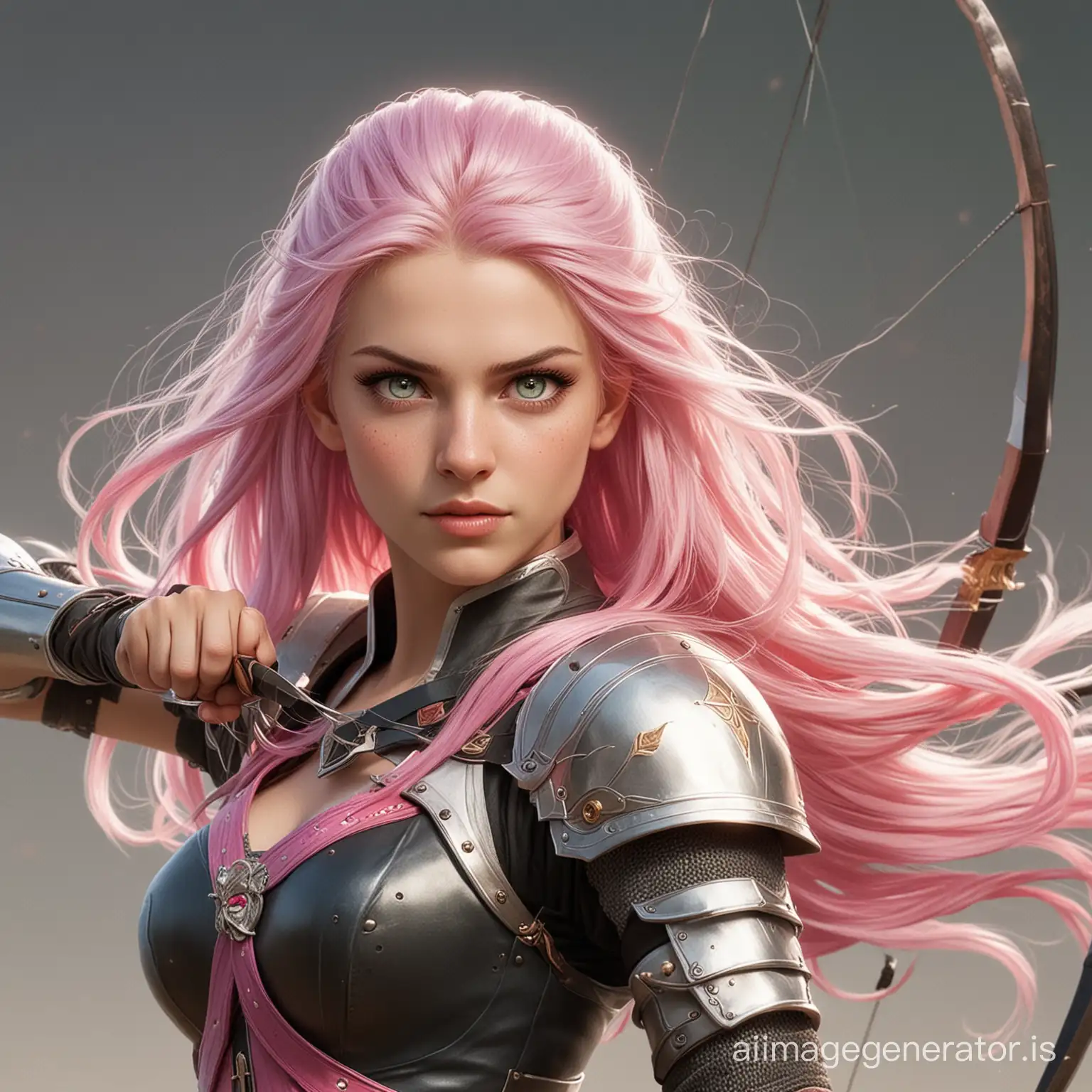 A couple where the female is an archer, has long hair, strtaight hair pink hair, and green eyes. While the male is a swordman, bald, white hair, and red eyes.