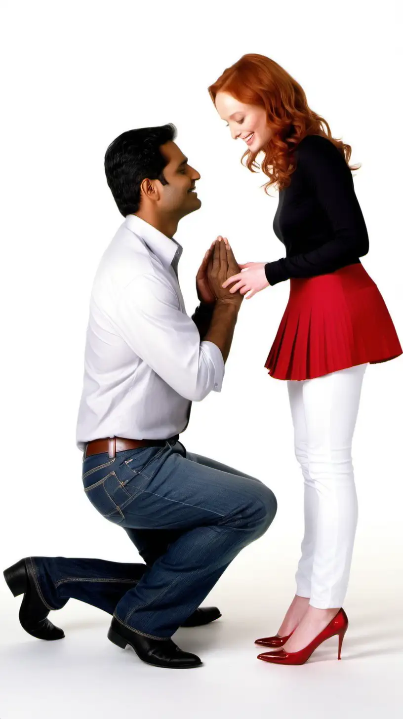 Indian man wearing a black cotton short sleeve t-shirt in jeans, proposes on one knee to Young sarah wayne callies, mid length strawberry blonde hair,  long sleeved  pearly white polyester shirt blouse and red pleated skirt and white pump,   in brightly white background 