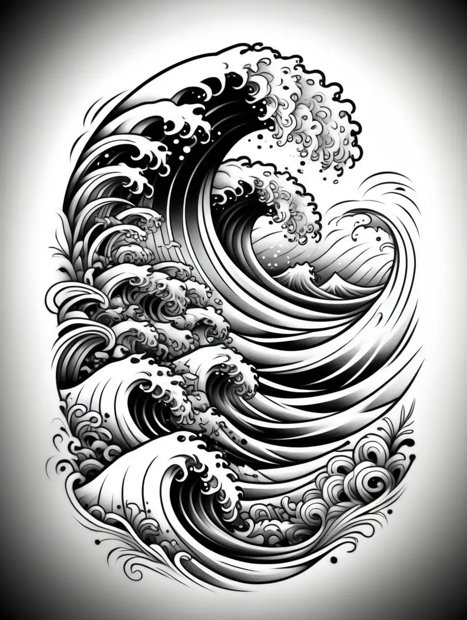 black and white background tattoo style sleeve style graffiti style floral style  ocean wave doodle style manly style
