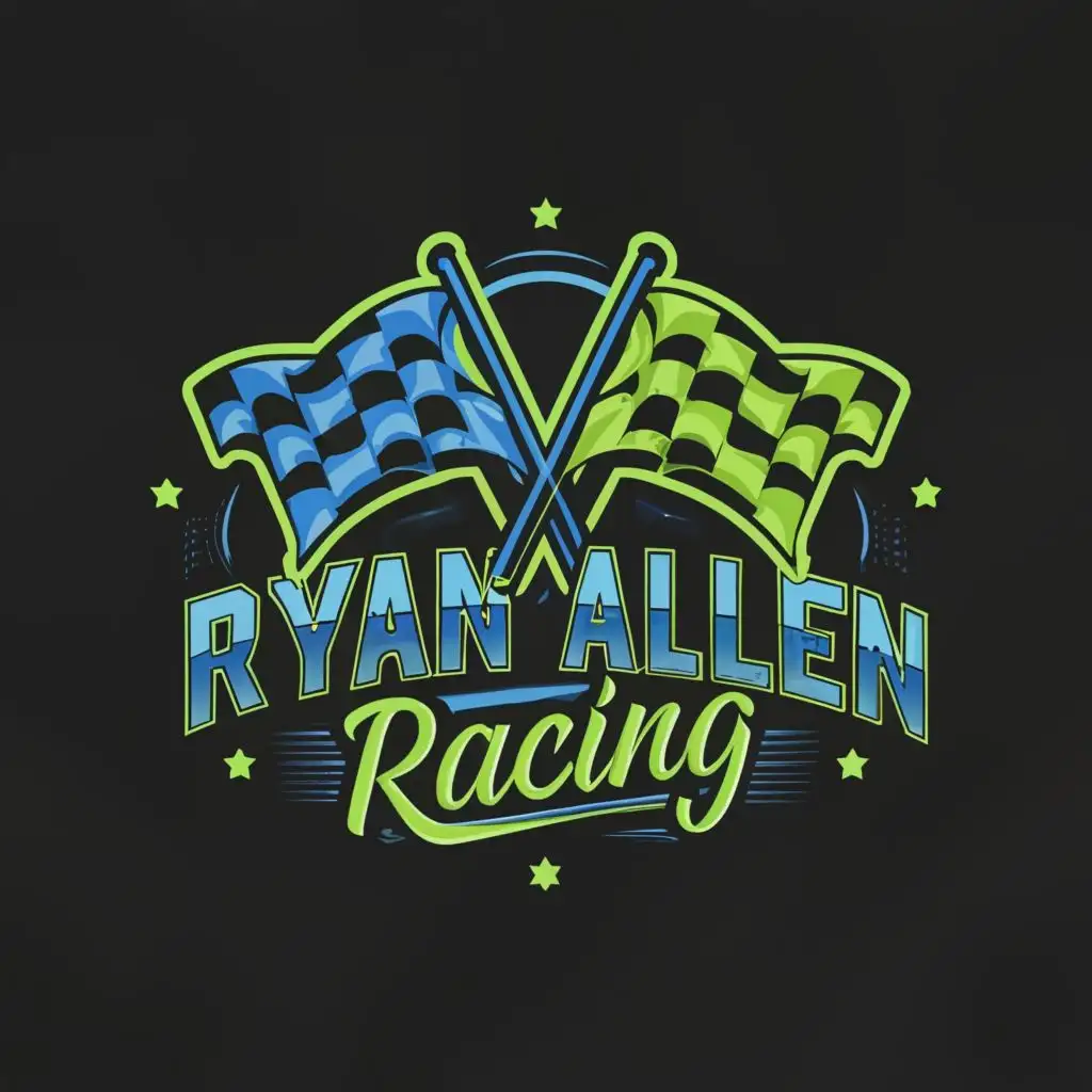 LOGO-Design-For-Ryan-Allen-Racing-Dynamic-Checkered-Flags-in-Dark-Blue-and-Neon-Green-Typography