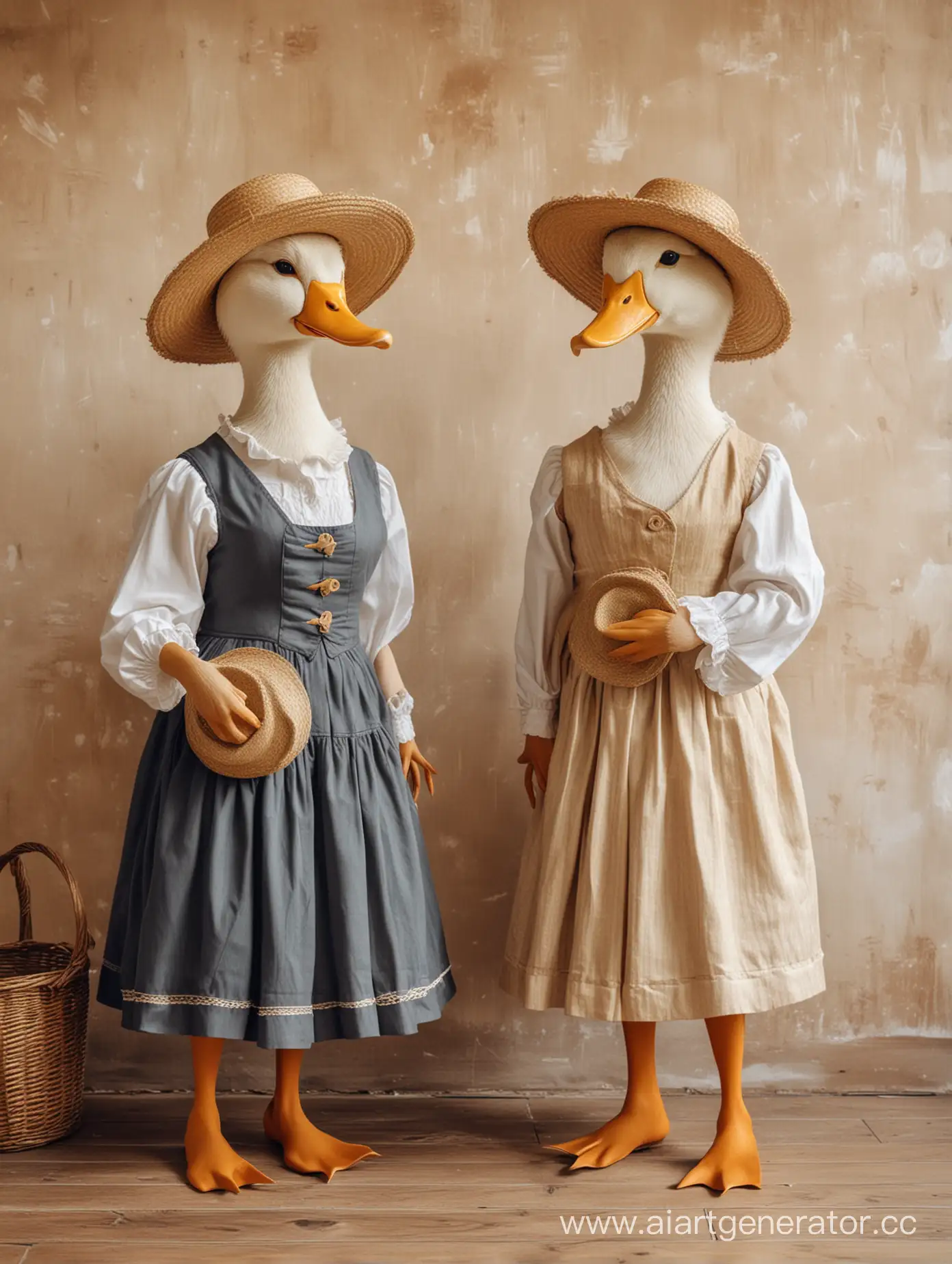 две утки в человеческой одежде, утки в платьях с соломенными шляпками , смотрят на картину, картина на заднем плане висит на стене