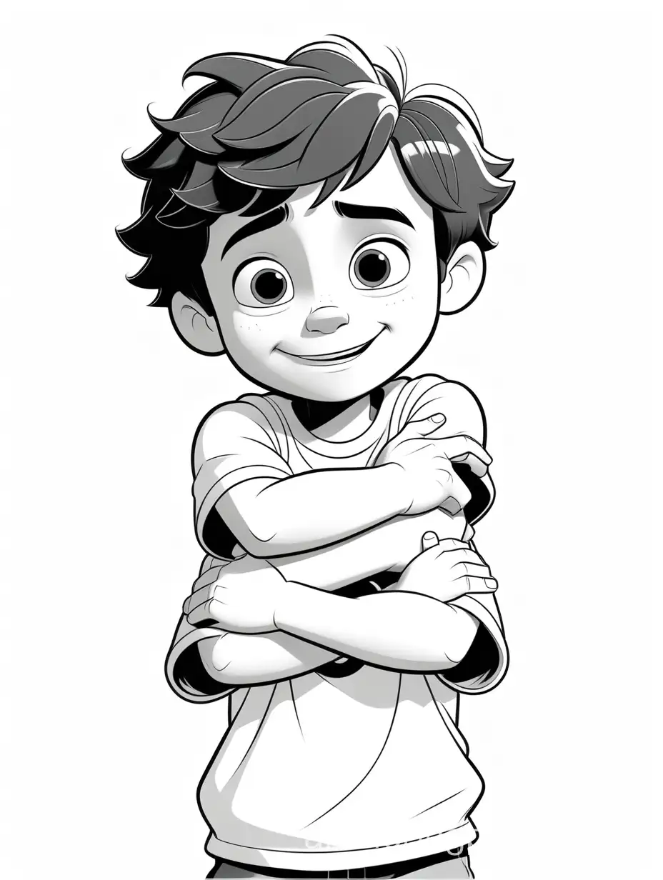 small boy self hug, disney character, Pixar, correct the hands, only two hands, Coloring Page, black and white, line art, white background, Simplicity, Ample White Space. The background of the coloring page is plain white to make it easy for young children to color within the lines. The outlines of all the subjects are easy to distinguish, making it simple for kids to color without too much difficulty