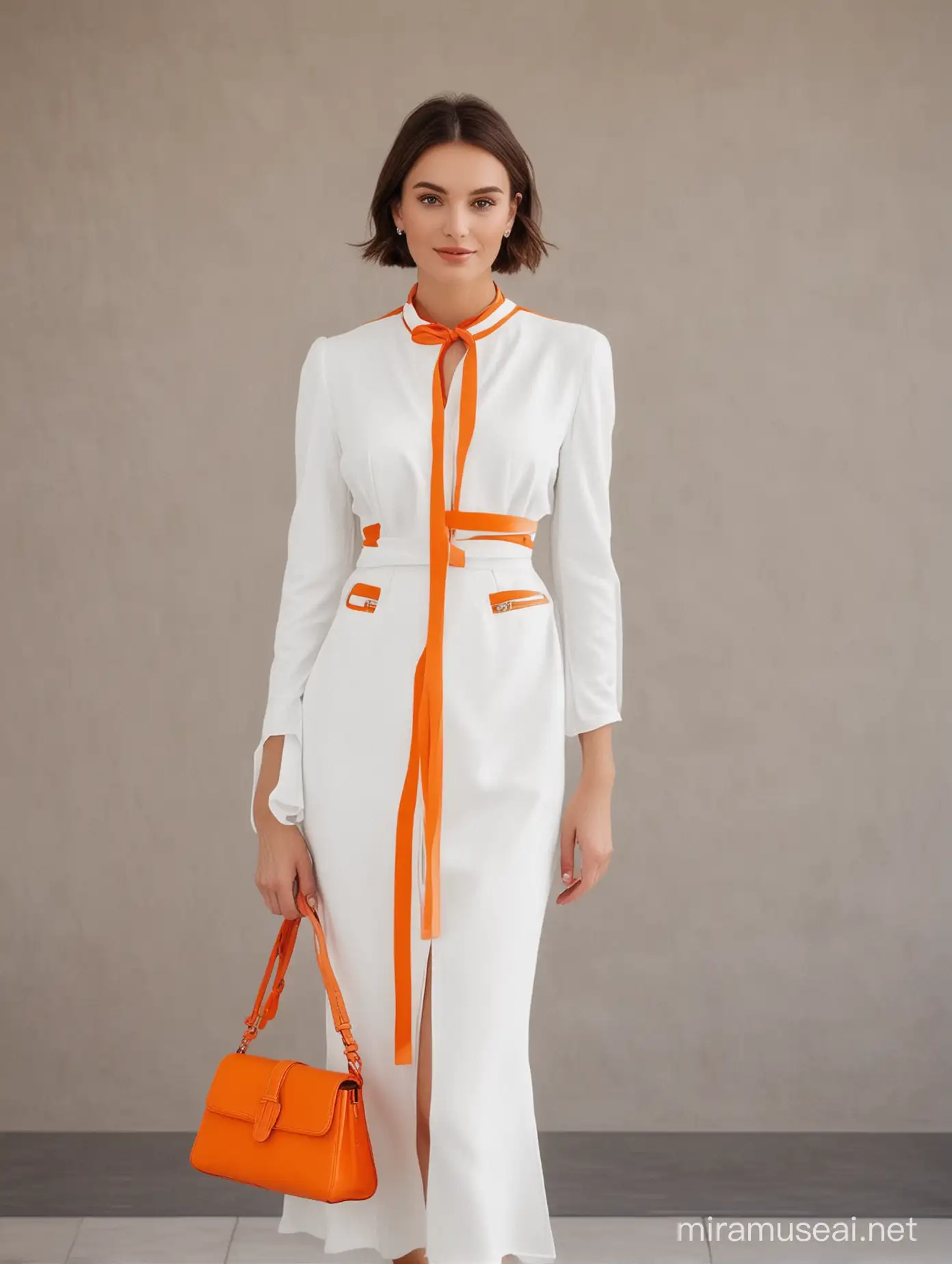 Elegant Lady in White and Orange Attire Poses Gracefully
