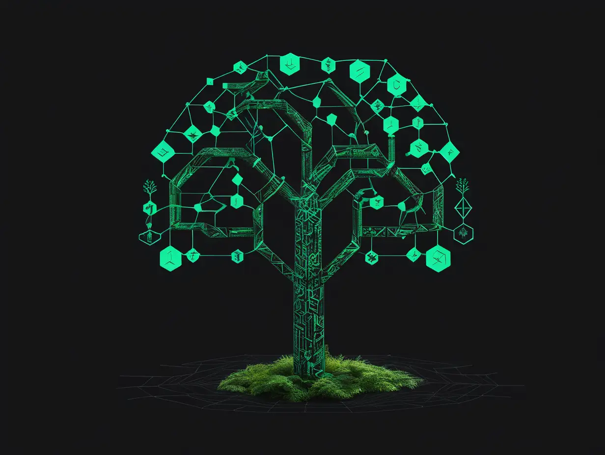 EcoFriendly Blockchain Geometric Tree on Black Background