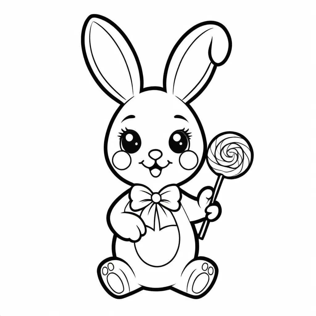 Very easy coloring page for 3 years old toddler. Easter bunny with lollypop. Without shadows. White background.