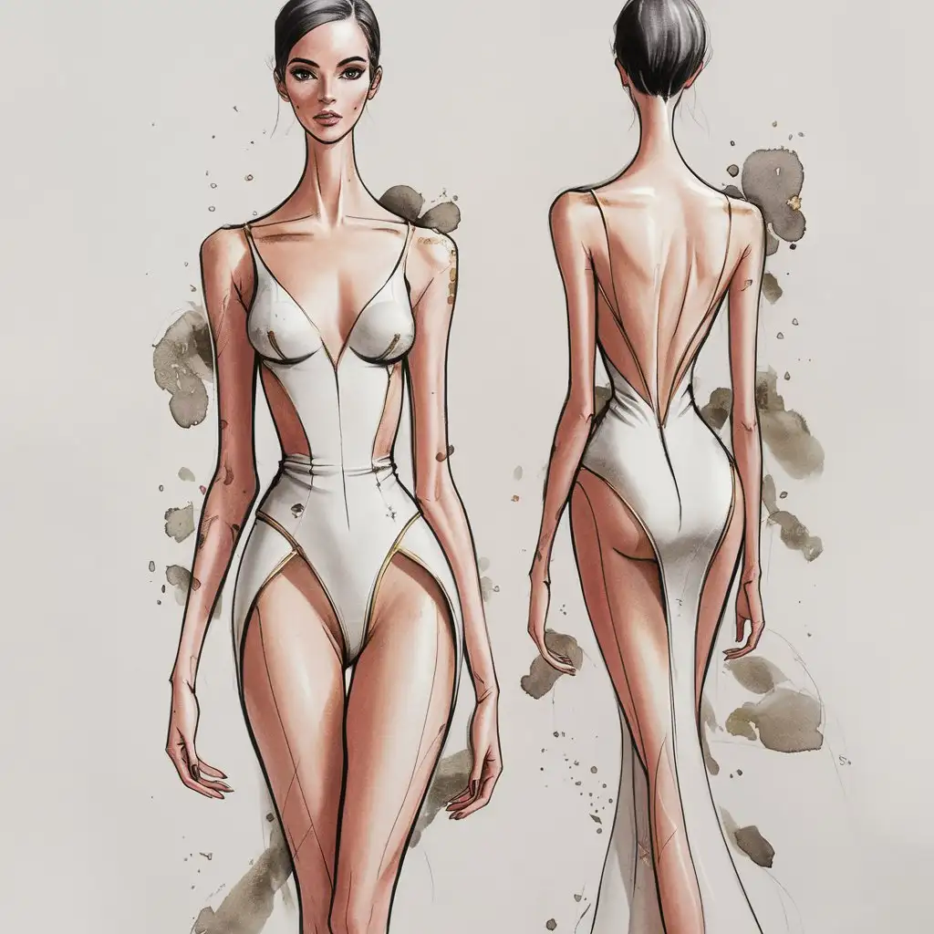 create a full body head to toe hand drawn full body female fashion illustration front and back rendered with water color on some part of body. and she wore nothing. only body shape