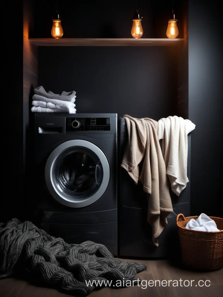 cozy laundry background in dark colors with dimmed warm light