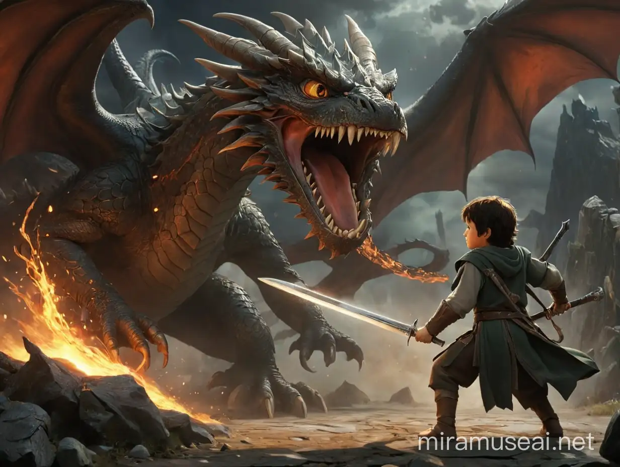 Child Warrior Dueling Dragon in Lord of the Rings Fantasy Landscape