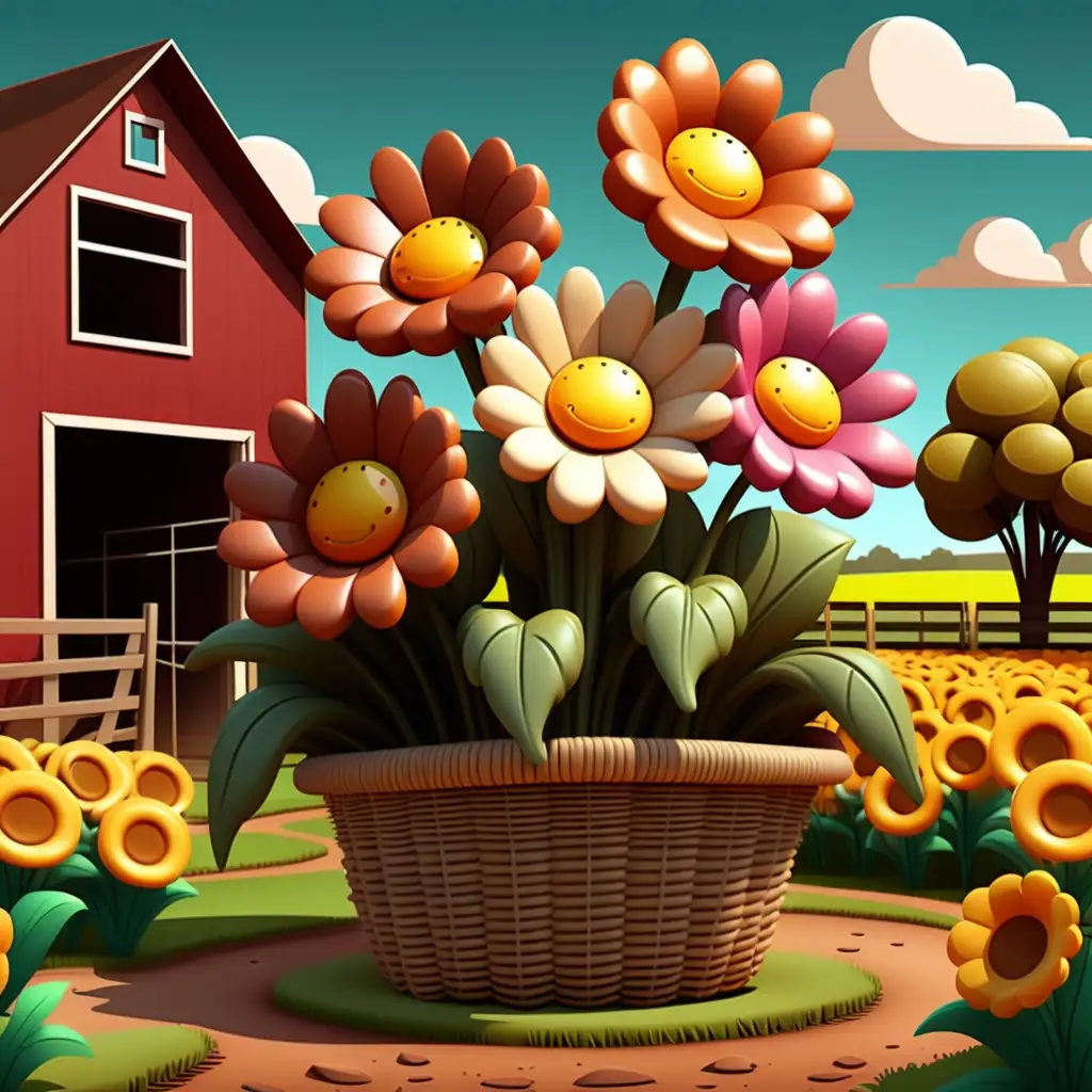 Vibrant Cartoon Scene Basket of Blooms in a Spacious Farm